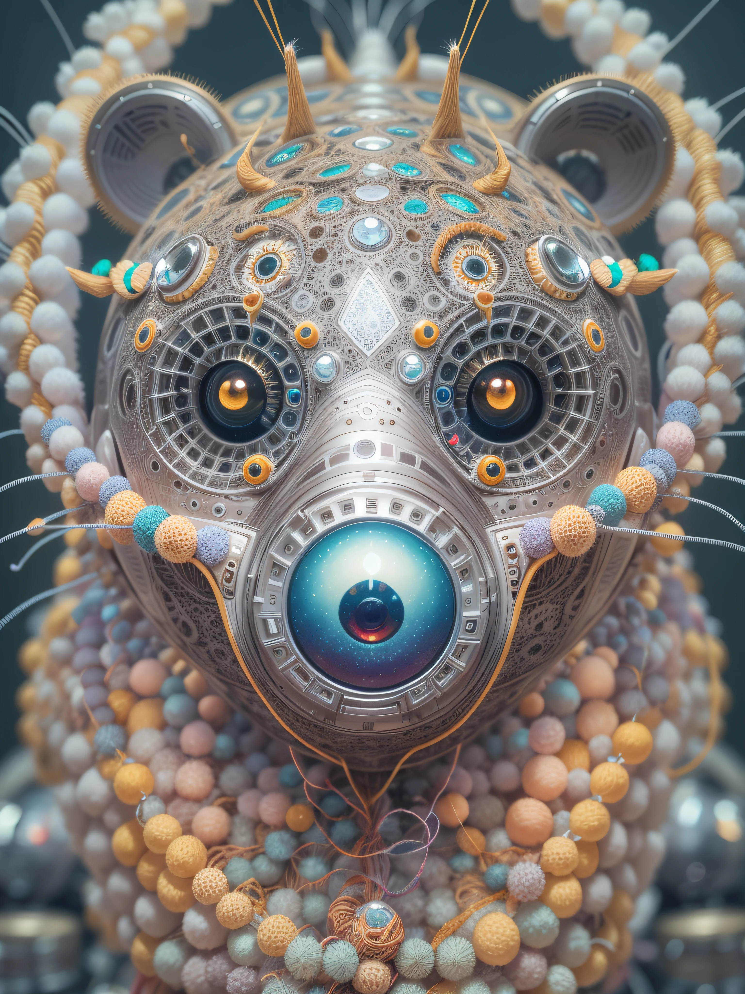 a cybernetic symbiosis of a single fluffy polar bear organic suit made of pearlescent wearing anodized thread knitted shiny ceramic multi colored yarn thread infected with kevlar, ferrofluid drips, carbon fiber, ceramic cracks, gaseous blob materials and diamond 3d fractal lace iridescent bubble 3d skin dotted covered with orb stalks of insectoid compound eye camera lenses orbs floats through the living room