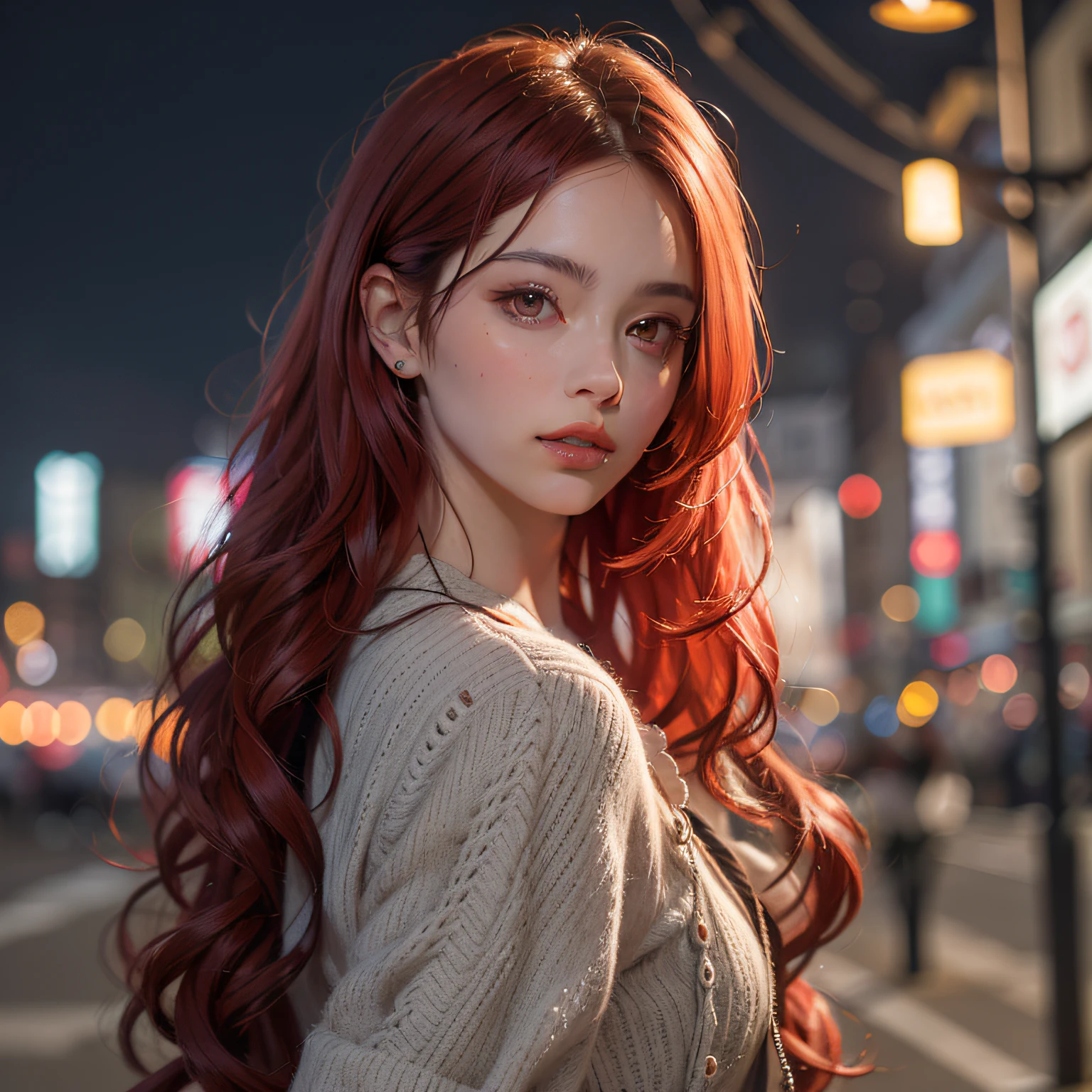 (masterpiece:1.2), (best quality:1.2), night, (looking at viewer), bright skin, outdoors, fringe, long hair, (wavy hair), soft lips, glossy lips, highly detailed, (semi-realistic:1.2), red hair