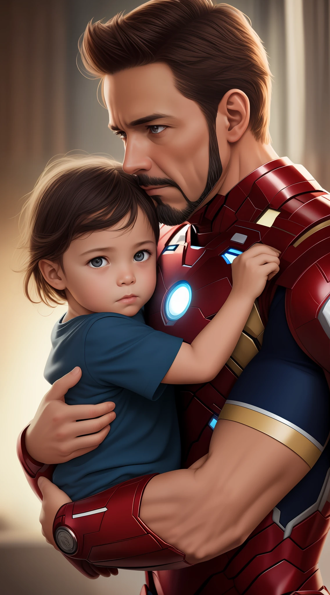 Subject: A touching photorealistic scene of Iron Man gently carrying his child in his arms, depicting the love and protection of a superhero father for his one.
Type of Image: Digital Illustration
Art Styles: Realism, Superhero, Family
Art Inspirations: ArtStation, DeviantArt, Marvel Comics, Family Portraits
Camera: Professional DSLR camera with high-resolution capabilities
Shot: Close-up shot
Render Related Information: Capturing the emotions in their expressions with realistic detail, utilizing soft and warm lighting for an intimate ambiance, and creating a lifelike portrayal of the fatherly bond.
Camera Lens: Macro Lens