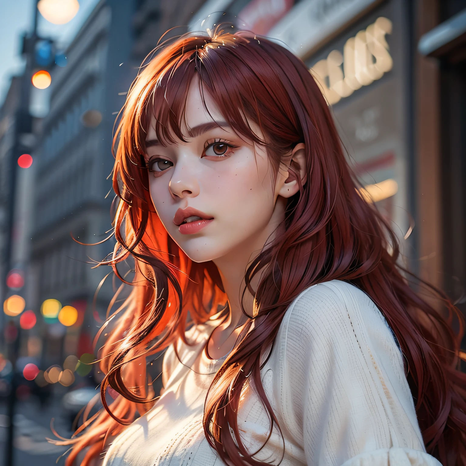 (masterpiece:1.2), (best quality:1.2), night, (looking at viewer), bright skin, outdoors, fringe, long hair, (wavy hair), soft lips, glossy lips, highly detailed, (semi-realistic:1.2), red hair