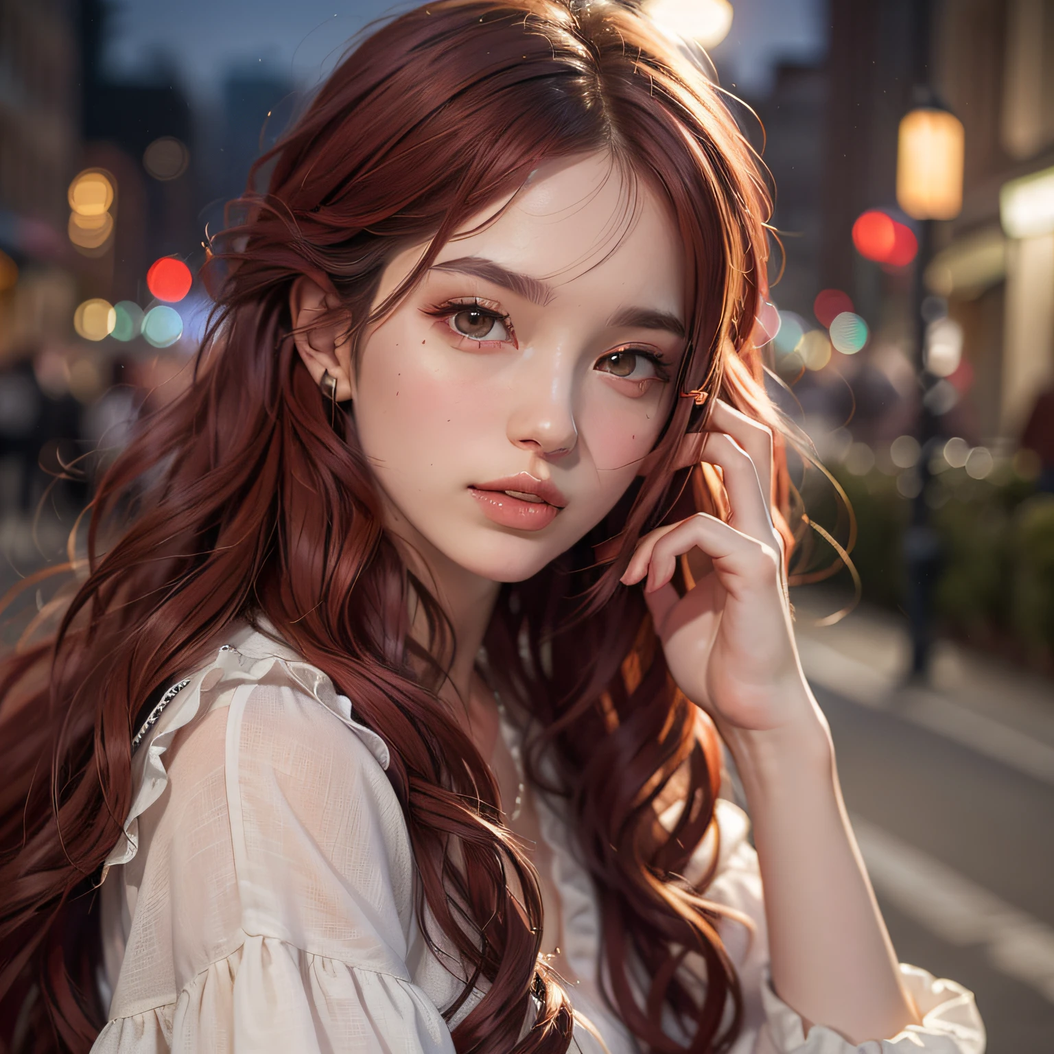 (masterpiece:1.2), (best quality:1.2), night, (looking at viewer), bright skin, outdoors, fringe, long hair, (wavy hair), soft lips, glossy lips, highly detailed, (semi-realistic:1.2), red hair