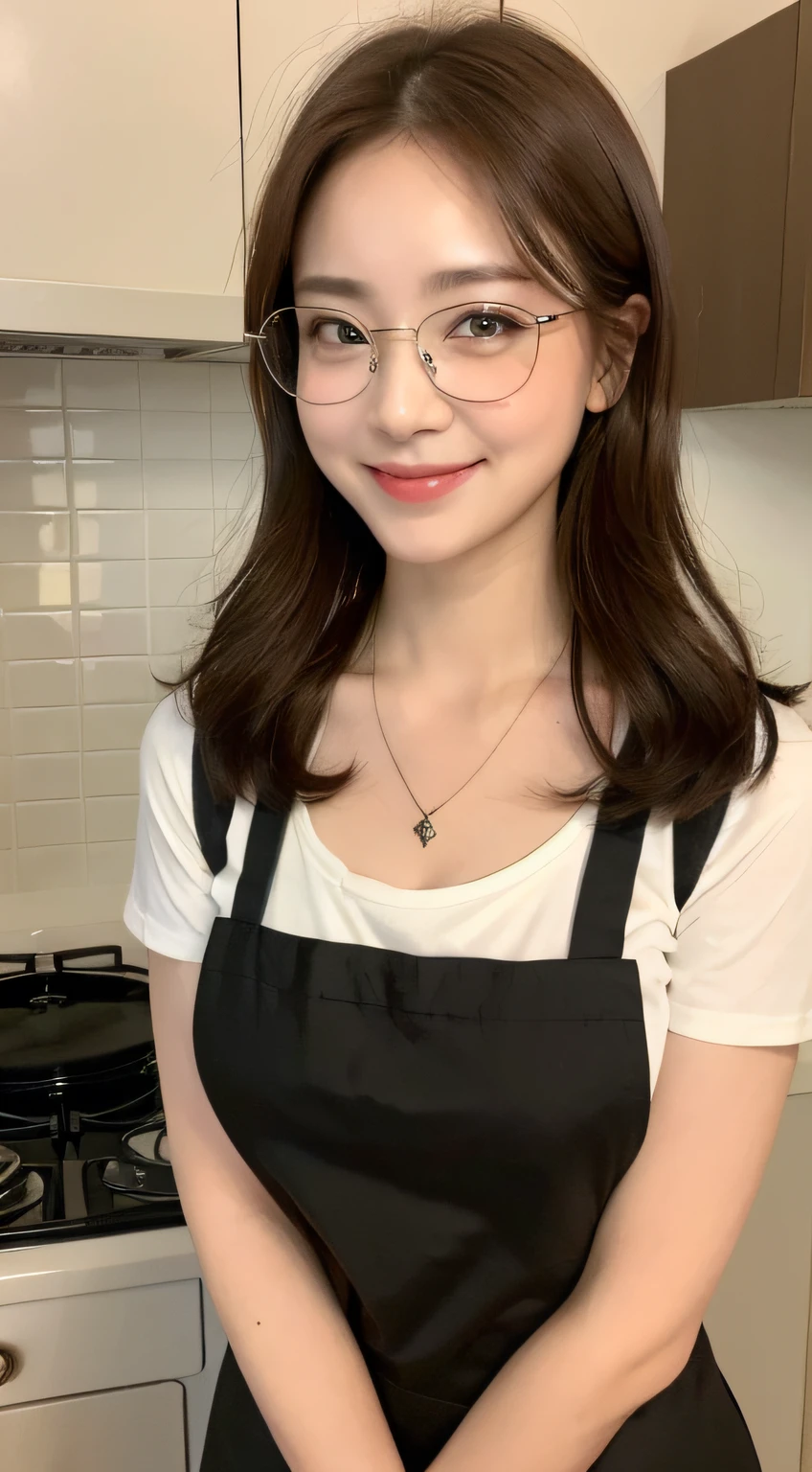 (top-quality、8k、​masterpiece:1.3)、Beautiful Women in Perfect Figure:1.4、dark brown hair、Wearing a pendant、Wearing an apron、Cooking in the kitchen、extremely detailed face and skin、A detailed eye、Single eyelid、Cleanliness、Serious、eye glasses、a smile