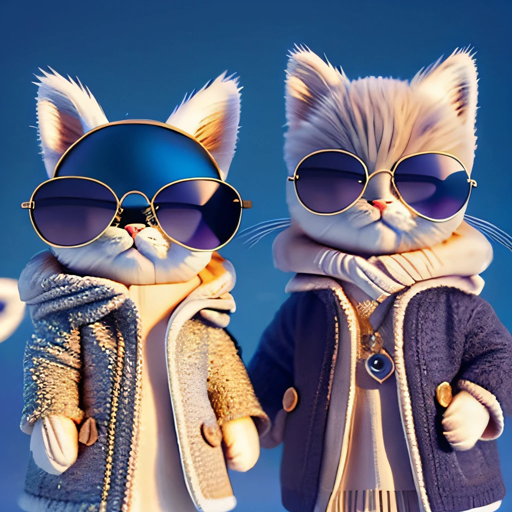 Two cats in sunglasses and coats standing next to each other, fursona wearing stylish clothes, a cute little cat, New Cat Movies, fur attire, Very fashionable, looking heckin cool and stylish, cat furry, Cute digital art, very stylish, Cats, cute 3d render, meow, Very fashionable, Adorable Digital Painting, cute detailed digital art, dressed casually, with sunglass