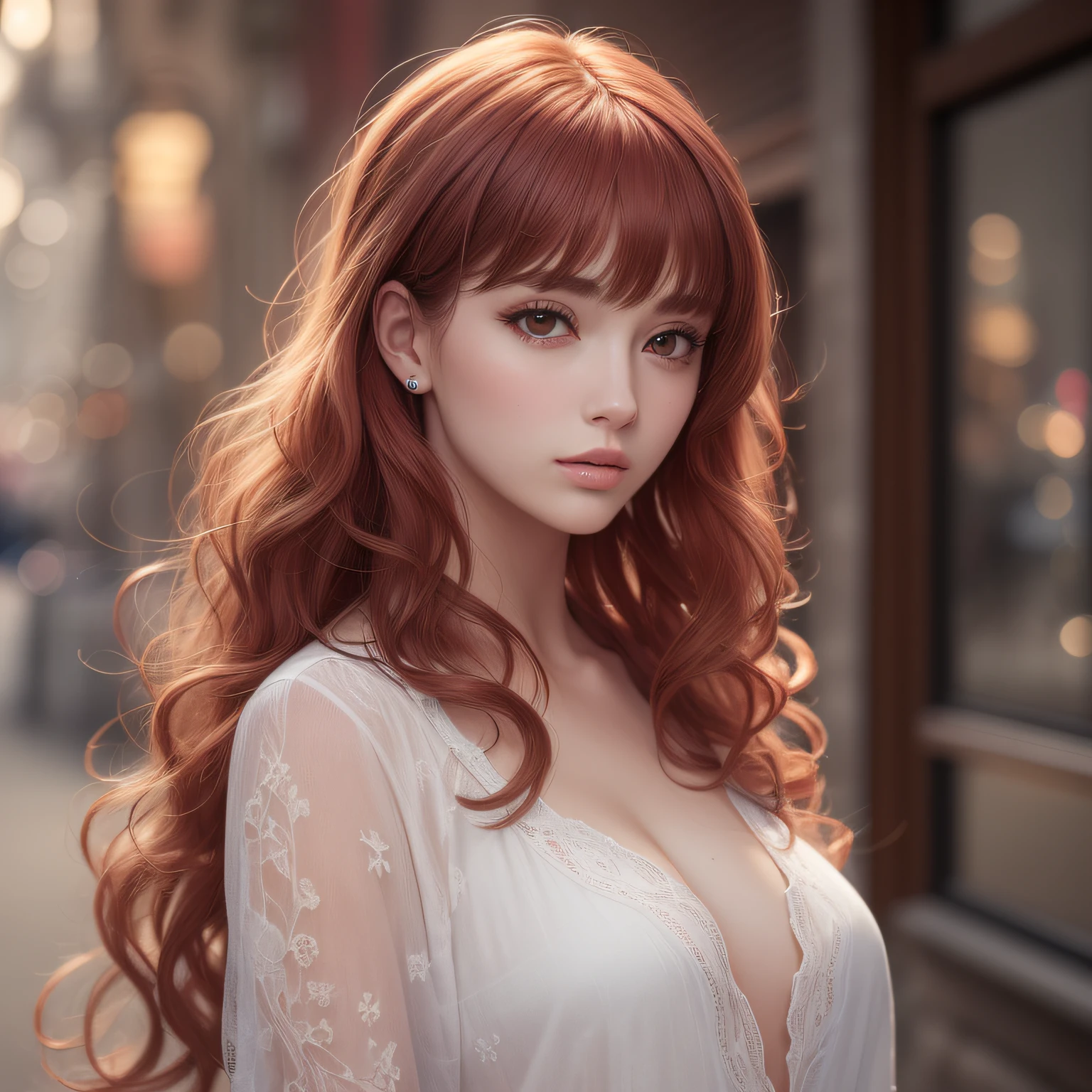 (masterpiece:1.2), (best quality:1.2), night, (looking at viewer), bright skin, outdoors, fringe, long hair, (wavy hair), soft lips, glossy lips, highly detailed, (semi-realistic:1.2), red hair