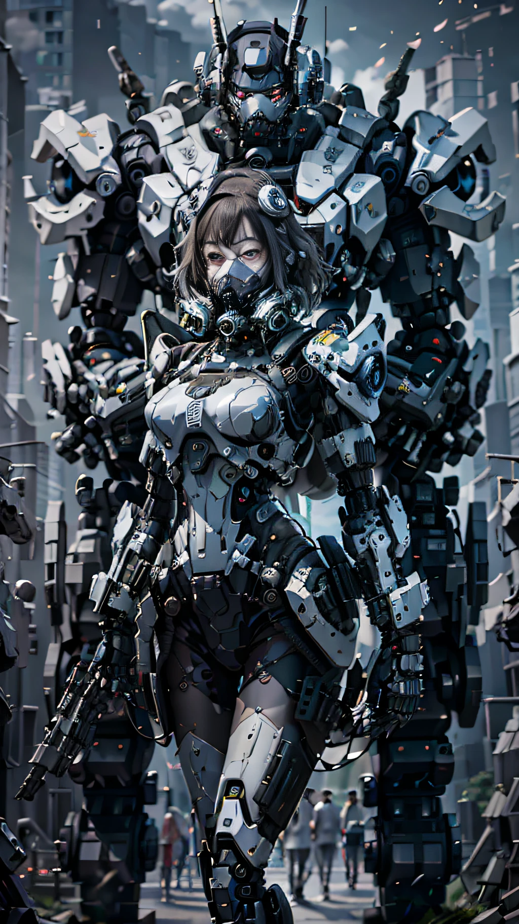 This is a hyper-detail、High resolution and top quality CG Unity 8k wallpaper，The style is cyberpunk，predominant white color。In the picture, a beautiful girl with short hair with white messy hair appears，s delicate face，Wearing a steam mech mask，standing on ruins，Behind him is a huge robot，The action of a woman holding a heavy sniper rifle in her hand，