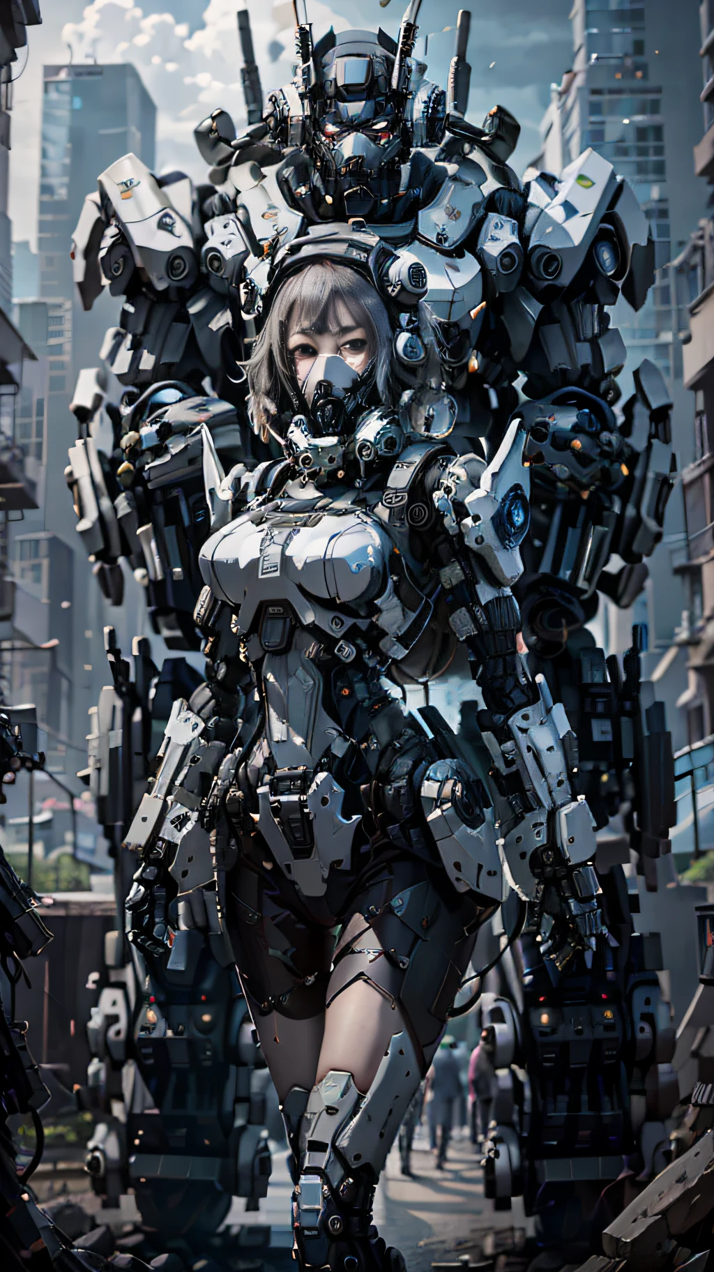 This is a hyper-detail、High resolution and top quality CG Unity 8k wallpaper，The style is cyberpunk，predominant white color。In the picture, a beautiful girl with short hair with white messy hair appears，s delicate face，Wearing a steam mech mask，standing on ruins，Behind him is a huge robot，The action of a woman holding a heavy sniper rifle in her hand，