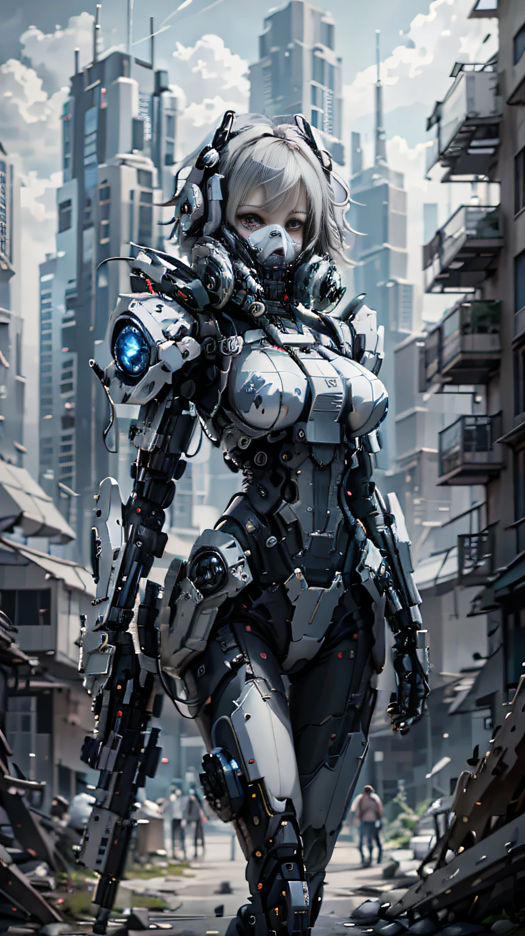 This is a hyper-detail、High resolution and top quality CG Unity 8k wallpaper，The style is cyberpunk，predominant white color。In the picture, a beautiful girl with short hair with white messy hair appears，s delicate face，Wearing a steam mech mask，standing on ruins，Behind him is a huge robot，The action of a woman holding a heavy sniper rifle in her hand，