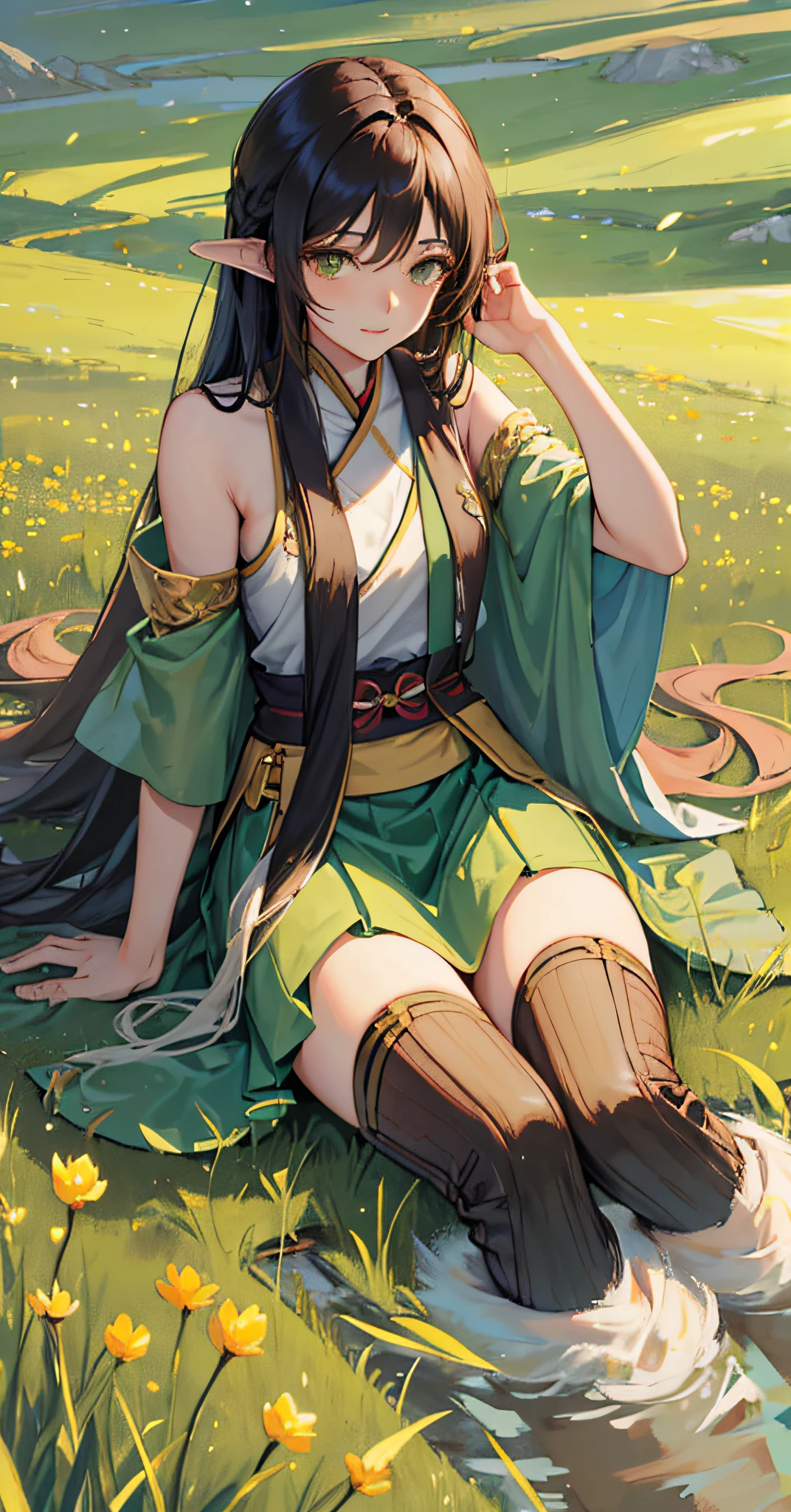 In the evening, A fantasy style girl lying on the grass,A green wheat field,Backrest on the wolf's body, with extremely beautiful facial features, long hair, elegant hair, Red Hanfu, layered skirt, dynamic posture, Looking into the distance, perfect composition, stream, starlight, firefly, white flowers, look down at,Ning Shen,