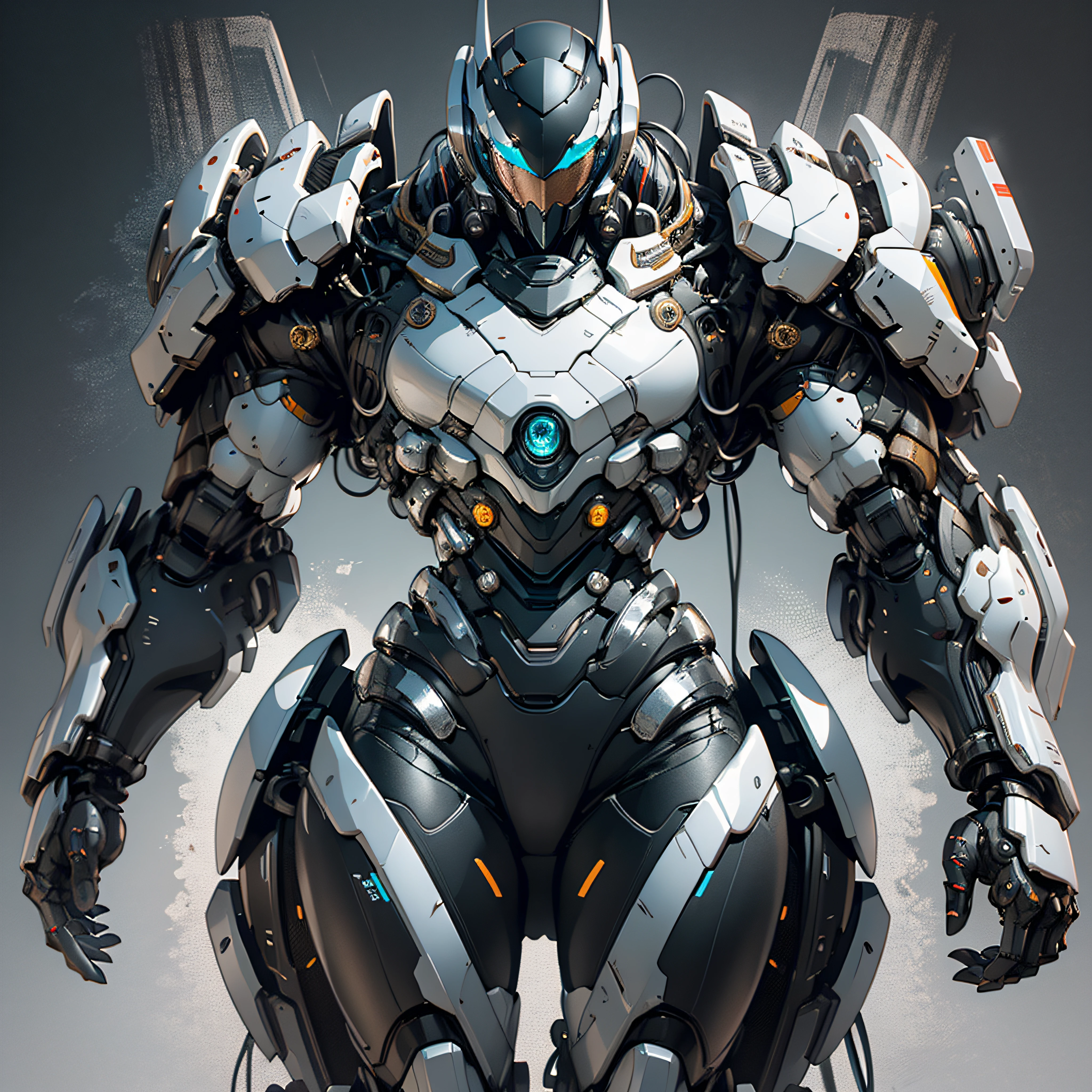 "1 female character inside a massive, robust silver chrome intricate exoskeleton robot, adorned in (bulky) silver (chrome) and black intricate armor, creating a powerful mecha aesthetic. The artwork features an emphasis on ink-style detailing, clean lines, negative space utilization, high contrast, and a captivating gradient color scheme, photo-realistic, octane render, unreal engine, ultra-realistic