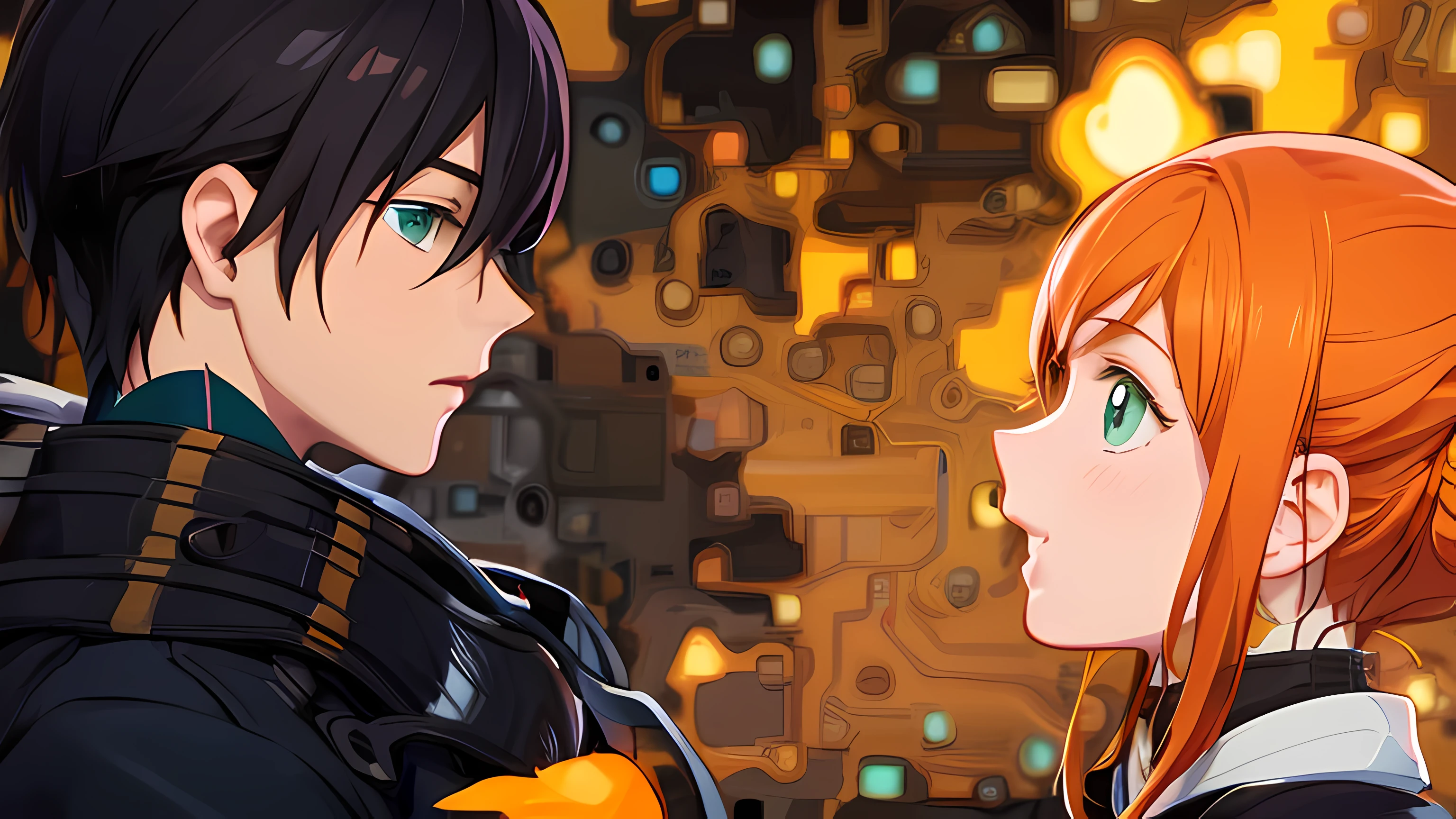 boy looking at girl, orange hair girl, orange hair girl, realistic type anime art, anime, art, realistic, green eye girl