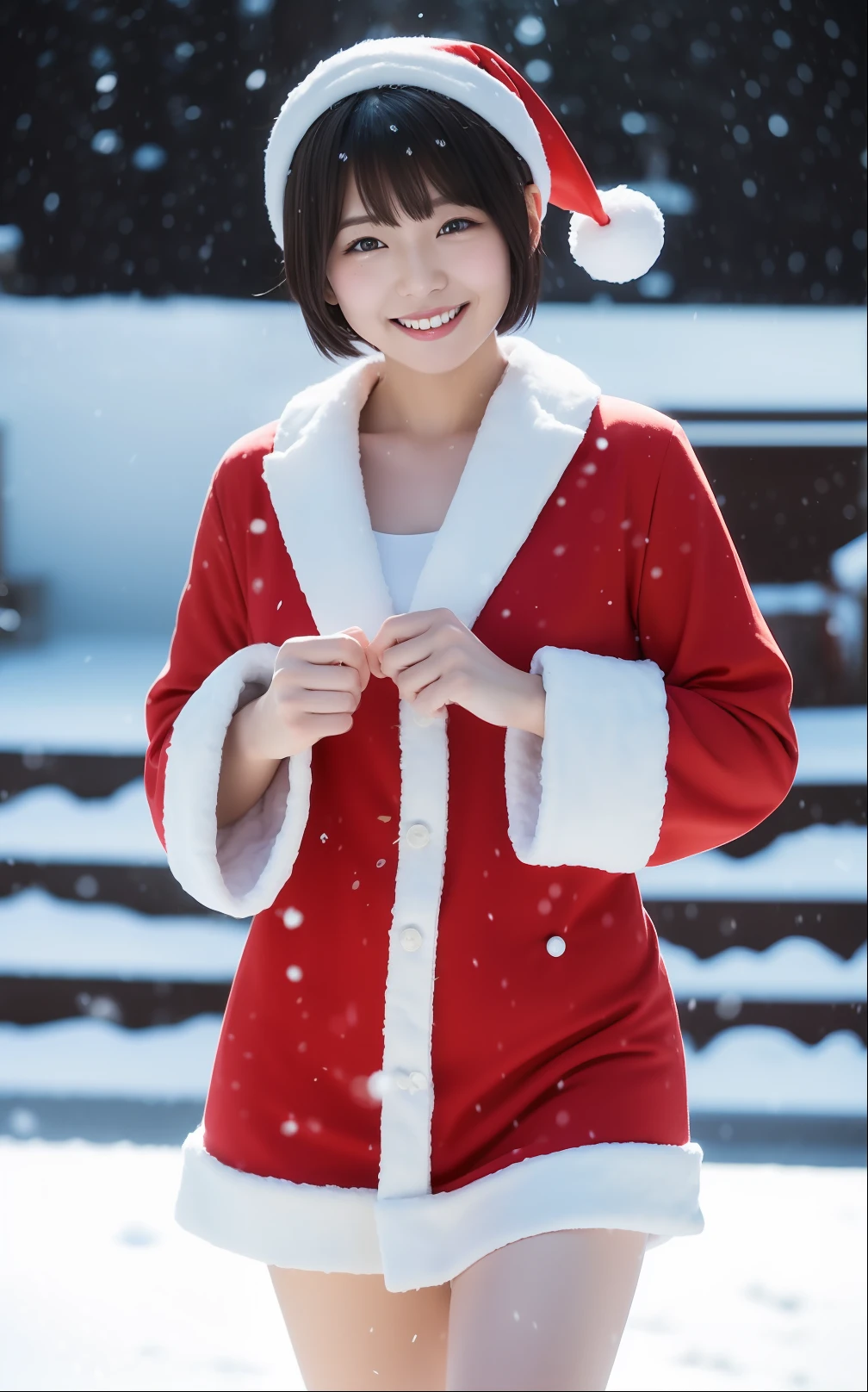 Cute Japan woman in short cut frolicking dressed as Santa in the snow、a smile、It's snowing、Photorealsitic, highcontrast, 8K HD, detaileds, realistic skin textures, top-quality, 超A high resolution, Raw photo, Dramatic Lighting, unrealengine, Short-cut hairstyles、Beautiful girl model、detaile, hyperdetails, realistic skin textures,Very meticulously