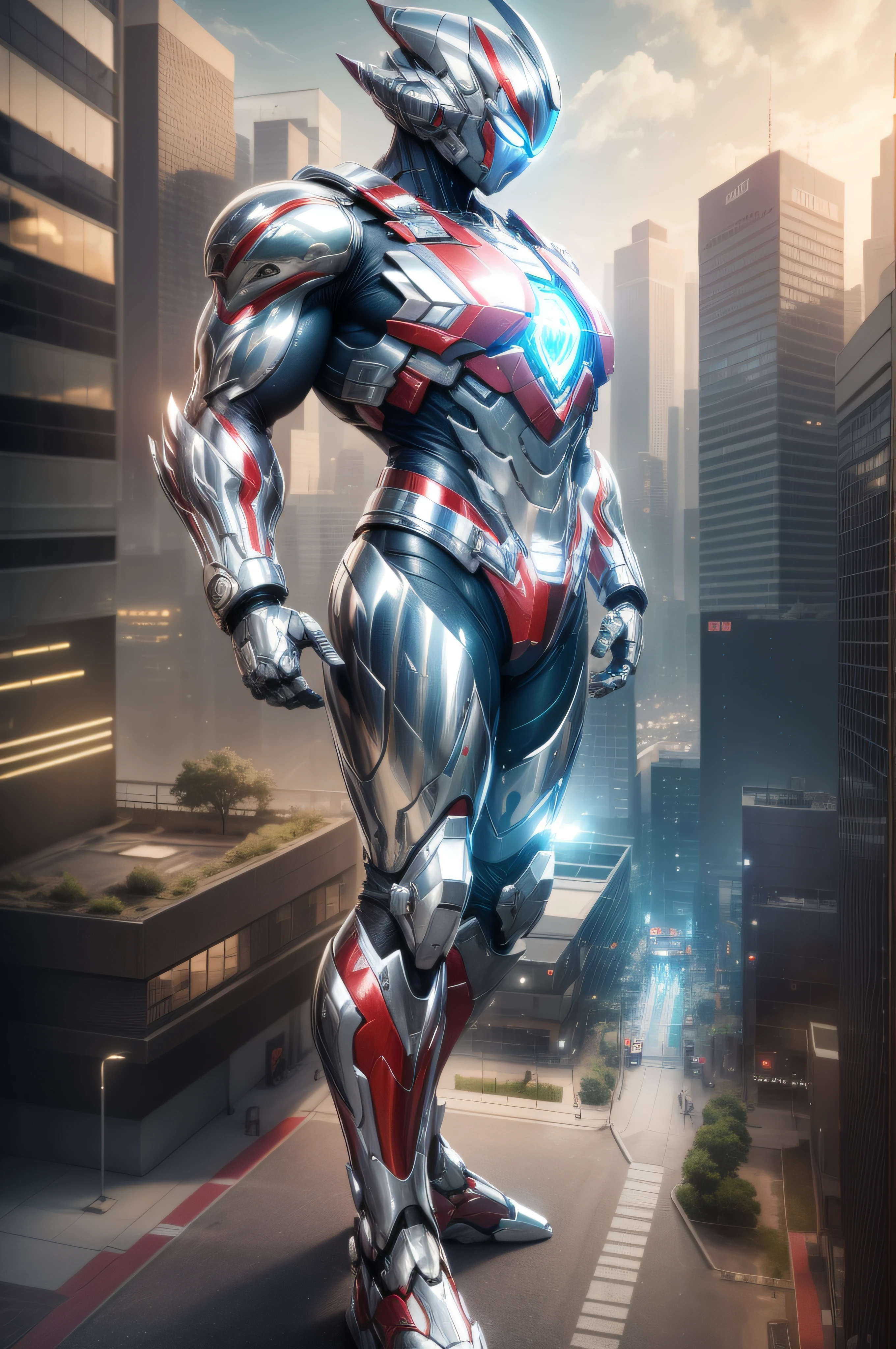 (Masterpiece, Superb Quality, Super Delicate, High Resolution), Male Focus, (((Mobile Ultraman))), (No Muscles))), (His head is tapered, his body is made of red and silver (((chrome))), his arms are streamlined, he has a round calculator on his chest, he looks tall and athletic, the overall look is streamlined and modern), (standing pose), pose for photos, high angle, dark night, city ruins, background details, ((((whole body))), from above, solo, photo-realistic, octane render, unreal engine, ultra-realistic ((( Huge feeling)))