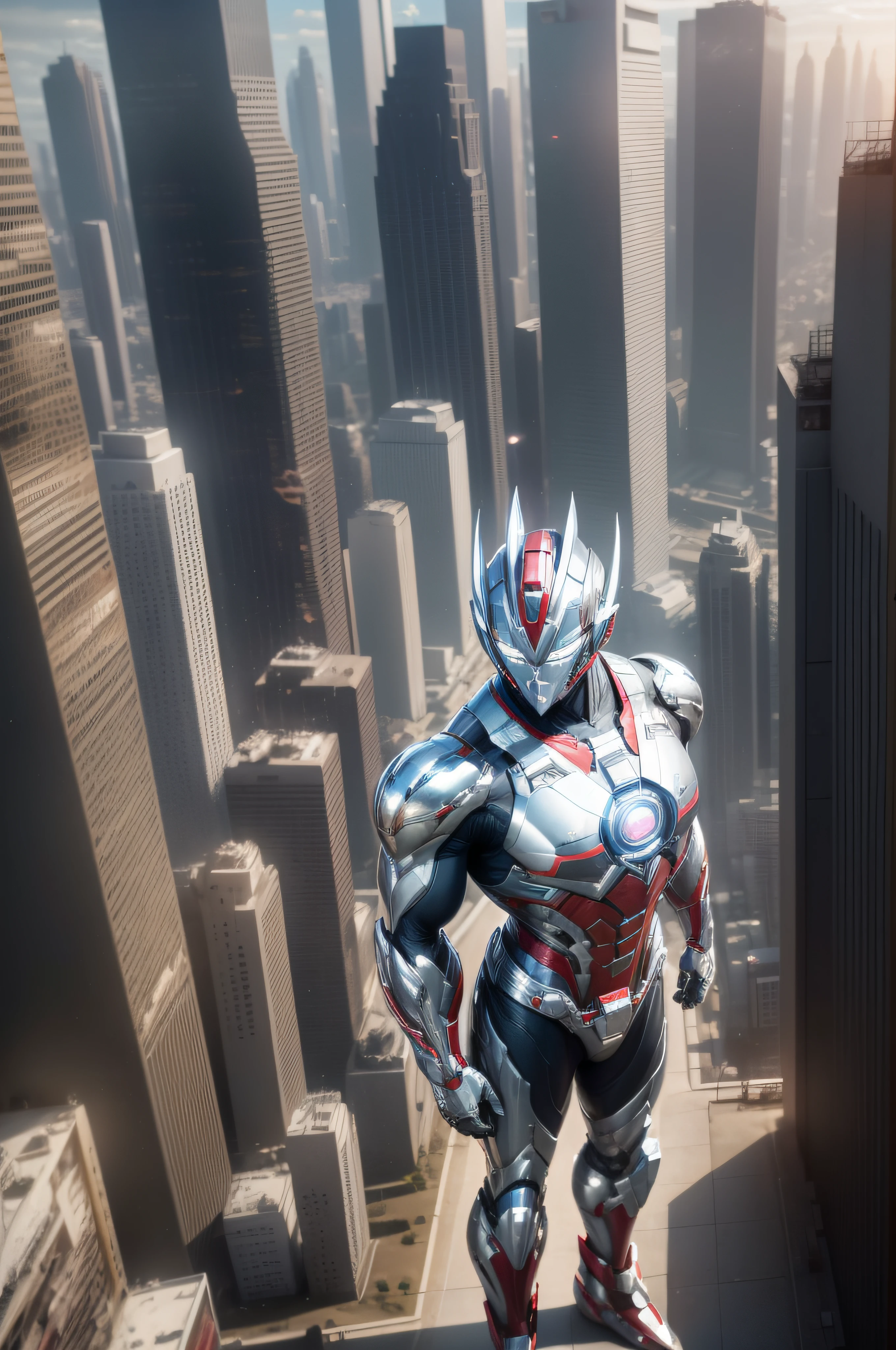 (Masterpiece, Superb Quality, Super Delicate, High Resolution), Male Focus, (((Mobile Ultraman))), (No Muscles))), (His head is tapered, his body is made of red and silver (((chrome))), his arms are streamlined, he has a round calculator on his chest, he looks tall and athletic, the overall look is streamlined and modern), (standing pose), pose for photos, high angle, dark night, city ruins, background details, ((((whole body))), from above, solo, photo-realistic, octane render, unreal engine, ultra-realistic ((( Huge feeling)))