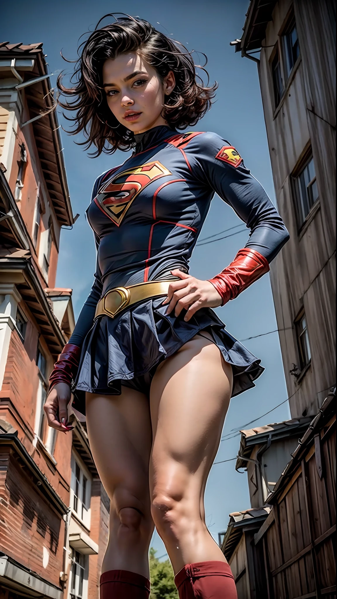 Beautiful woman short black hair defined body big breasts, wearing Supergirl cosplay