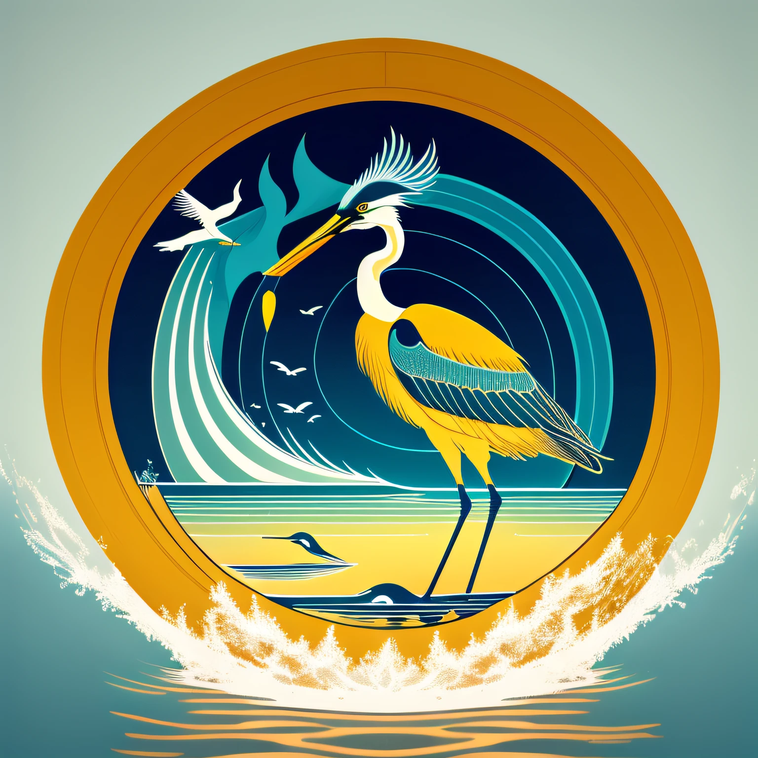 The overall shape of the logo is circular,In the middle of the circle is a heron bird spreading its wings,The body of the heron bird is outlined by clean lines,The feathers of the heron bird use bright blue,The head of the heron is bright yellow,Below the heron，Use flowing water wave lines,The water wave lines resonate with the herons --auto