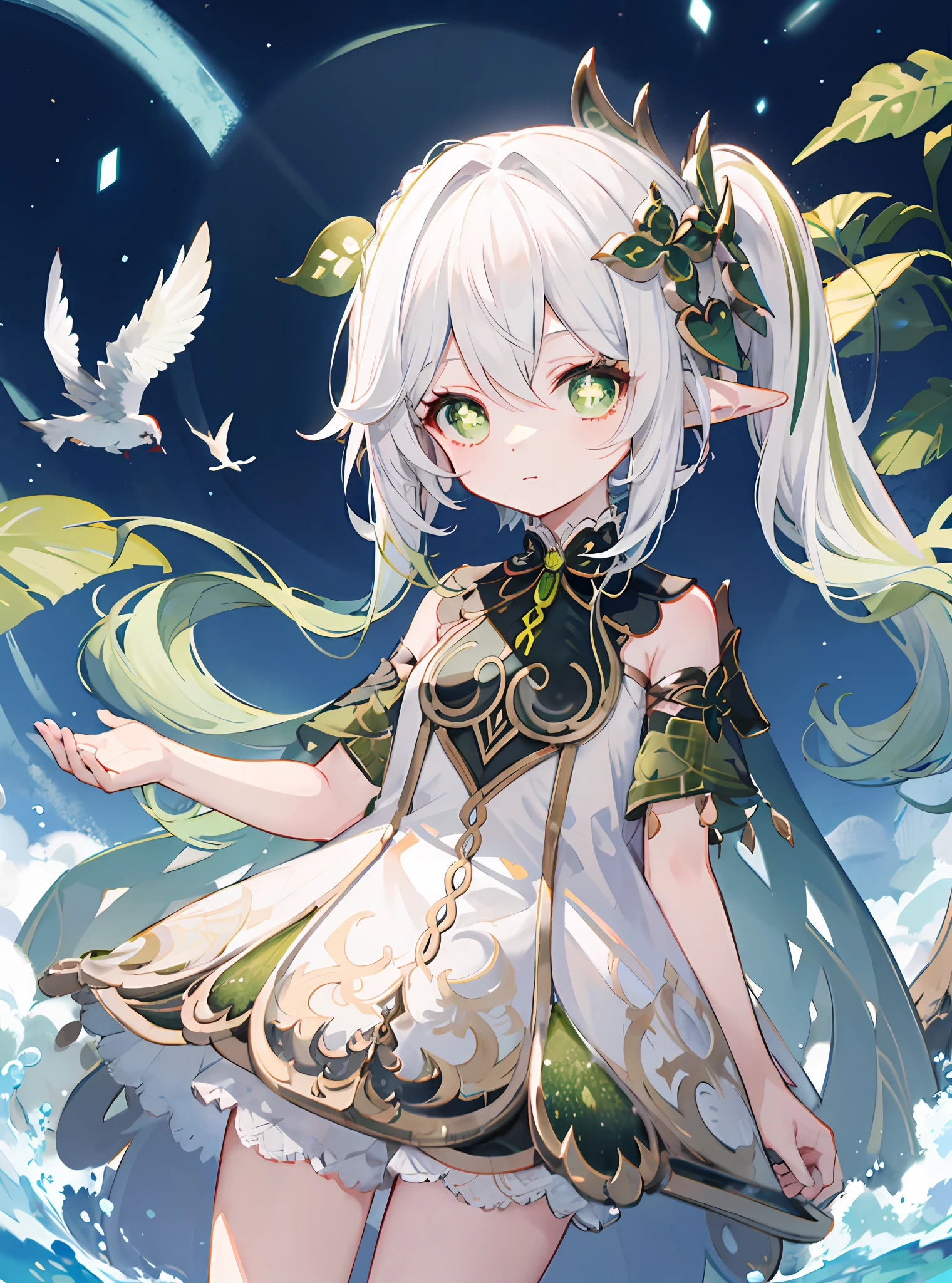 Nahida_Genshin,(White hair),cross-shaped pupils,default_dress,Green cape,