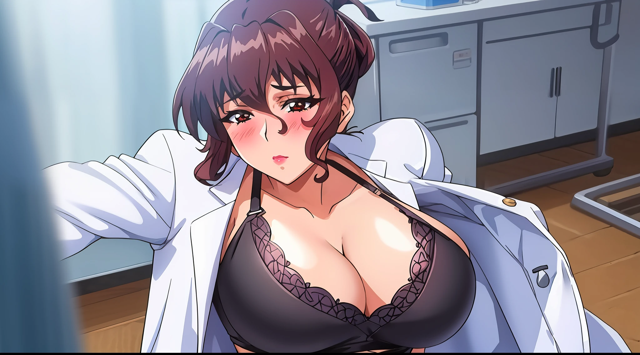 (beautiful hand:1.2), (masterpiece, best quality:1.3), Aiko Katsuragi, mature female, (half body shot:1.05), milf, 1girl, anime face, labcoat, makeup, huge breasts, lipstick, brown eyes, folded ponytail, brown hair, cleavage, perfect body, (gorgeous body:1.3), perfect eyes, perfect retina, anime eyes, eyeliner, eyeshadow, perfect face, (caring look:1.1), look at viewer, blush, high sharpness, sharp focus, medical room, professional artwork, intricate details, vivid colors, Diffused lighting, digital blending, ultra detailed body, ultra detailed hair, ultra detailed face, trending on pixiv, hardened
