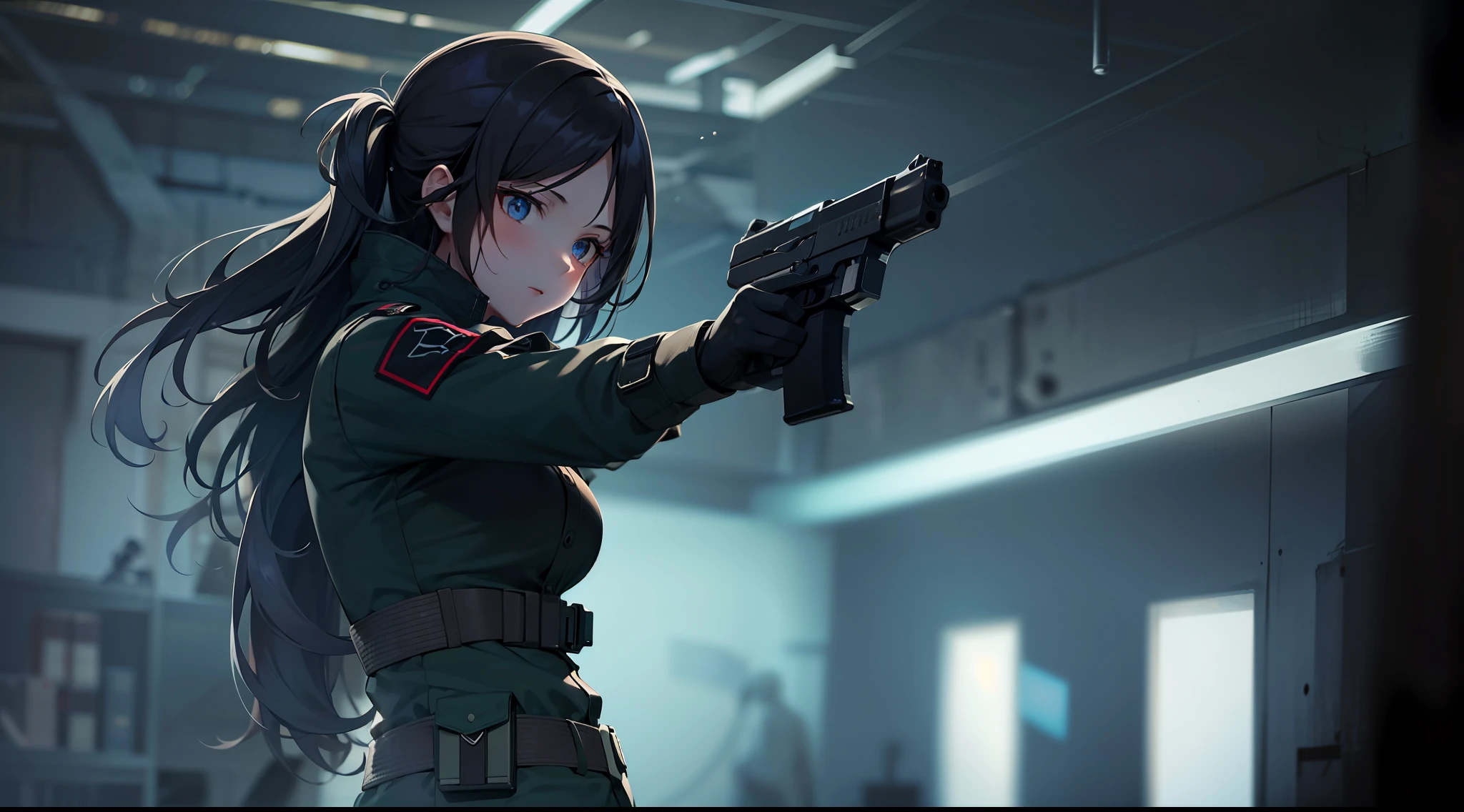 1 girl, hand gun, dynamic entry, in the dark warehouse, black clothes, special operations, special force, cinematic action, dynamic