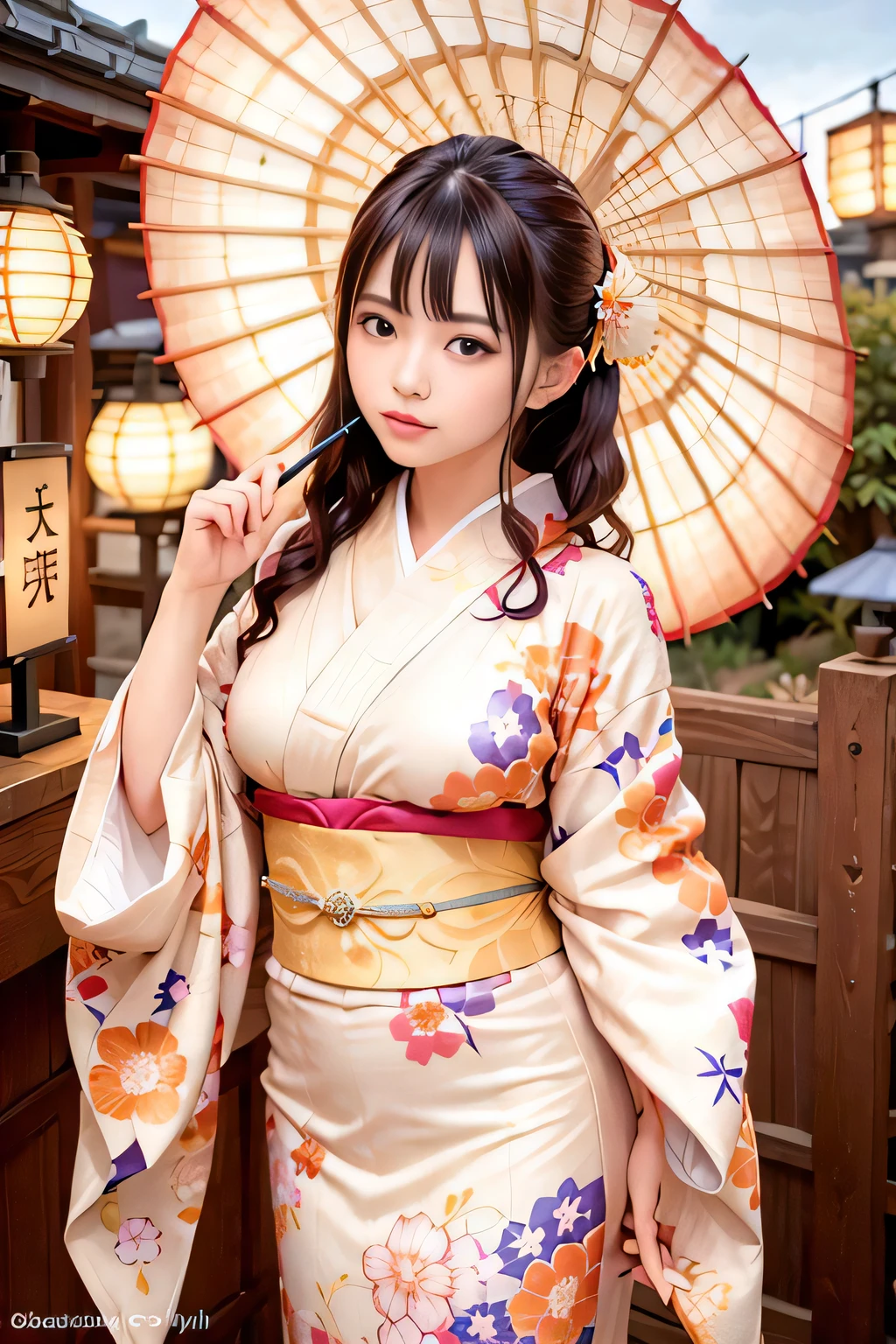 woman, (wearing colorful kimono_clothes:1.3), holding umbrella, 
good hand,4k, high-res, masterpiece, best quality, head:1.3,((Hasselblad photography)), finely detailed skin, sharp focus, (cinematic lighting), night, soft lighting, dynamic angle, [:(detailed face:1.2):0.2], medium breasts, outside,