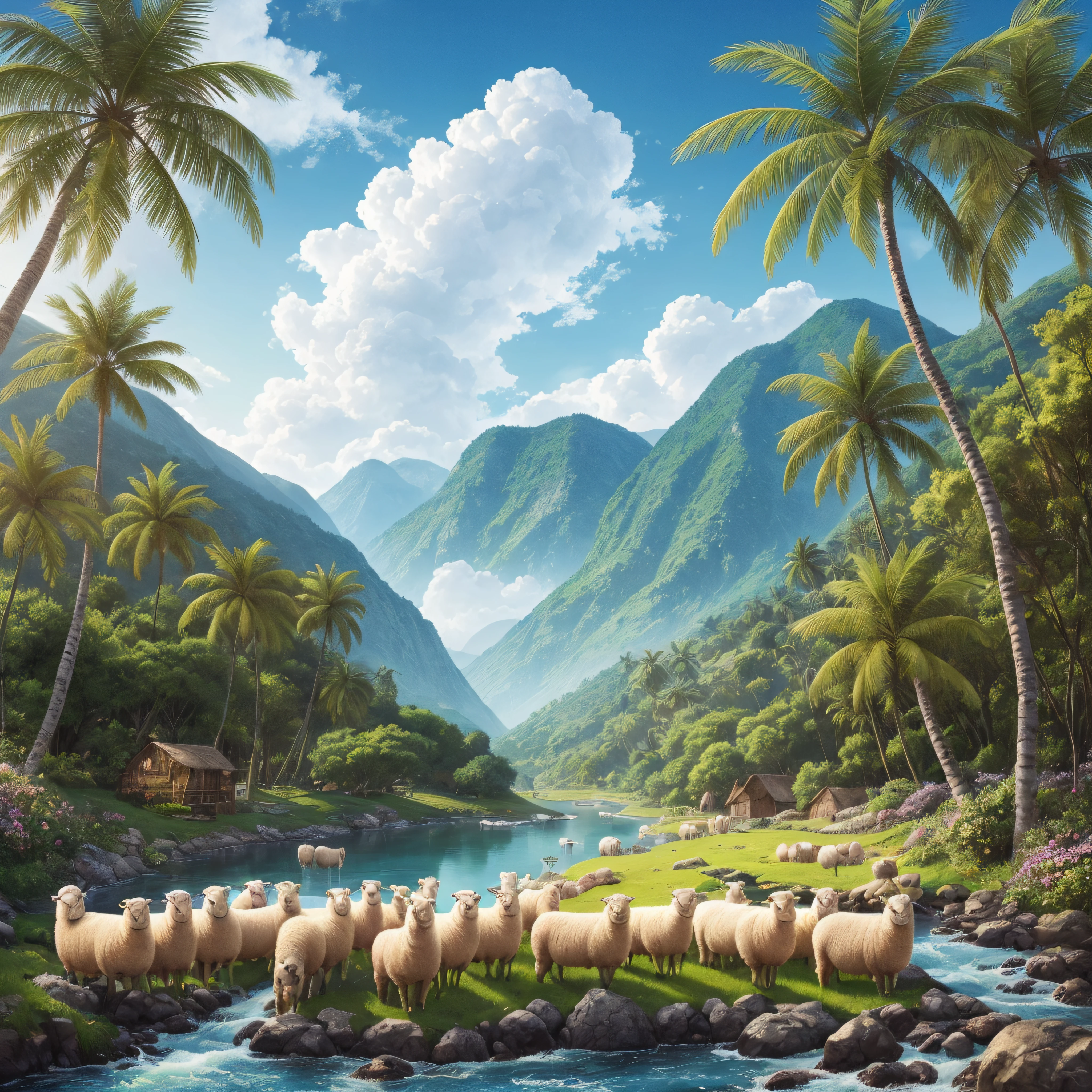In front of the lens, a flock of sheep is taking a selfie against a vibrant, bokeh-filled background. The scene is vivid with abundant sunlight, lush green meadows, blue skies adorned with white clouds, and swaying coconut trees. The water in the brook sparkles, adding to the picturesque view.
Each sheep is portrayed with adorable features, fluffy fur, and detailed eyes that shine with life. The lighting on their faces is soft and warm, enhancing their lovable and charming appearance. The artwork is a masterpiece, crafted with meticulous detail, resembling an ultra-detailed, high-resolution CG unity 4k wallpaper. It captures the beauty of the moment, evoking a sense of joy and happiness.
This delightful artwork is a true feast for the eyes, showcasing the beauty of nature and the tender connection between animals. It is an official art piece that stands out with its stunning quality and realism, making it a visual treat for anyone who beholds it. --auto