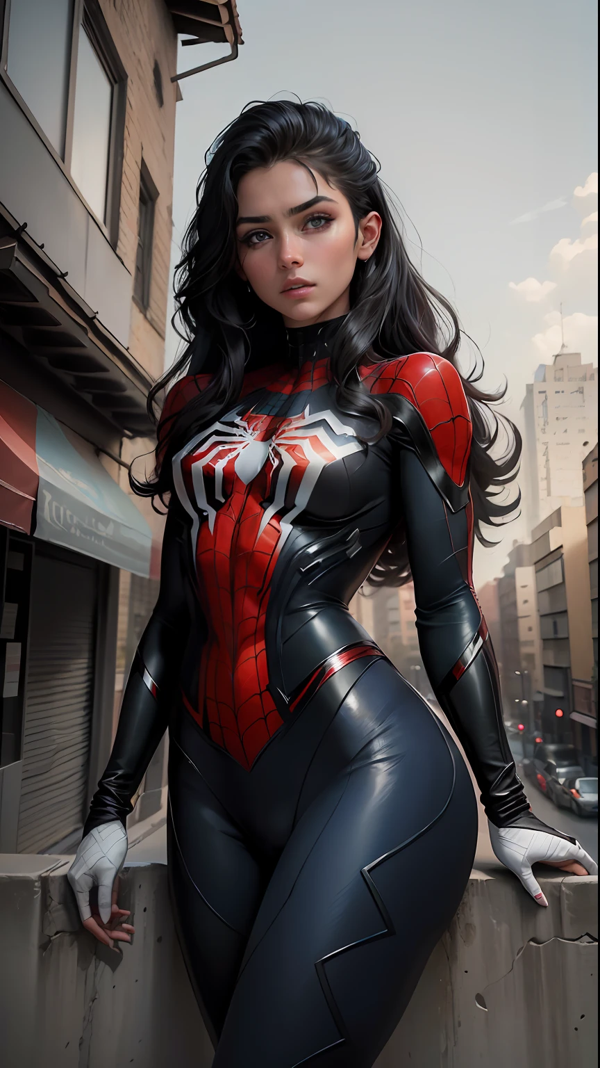 (obra maestra, 4k-resolution, ultra realista, muy detallada), (White superhero theme, carismatic, hay una chica en la parte superior de la ciudad, vestida con el disfraz de Spider-Man, is a superhero), [ ((25-years old), (cabello largo y rojo: 1.2), cuerpo completo, (ojos azules: 1.2), ((posar el Spider-Man), show of force, saltar de un edificio a otro), ((entorno urbano arenoso): 0.8)| (paisaje urbano, Por la noche, HDR dynamic lights), (Luna llena))] # Explanation: The Prompt primarily describes an ultra-high-definition 4K painting, muy realista, muy detallada. It shows a superheroine at the top of the city, vestida con un disfraz de Spider-Man. The theme in the painting is a white superhero theme, la protagonista femenina tiene el pelo largo y blanco, is 25 years old and her entire body is shown in the painting. In terms of portraying the actions of female superheroes, Spiders and venom symbionte are used