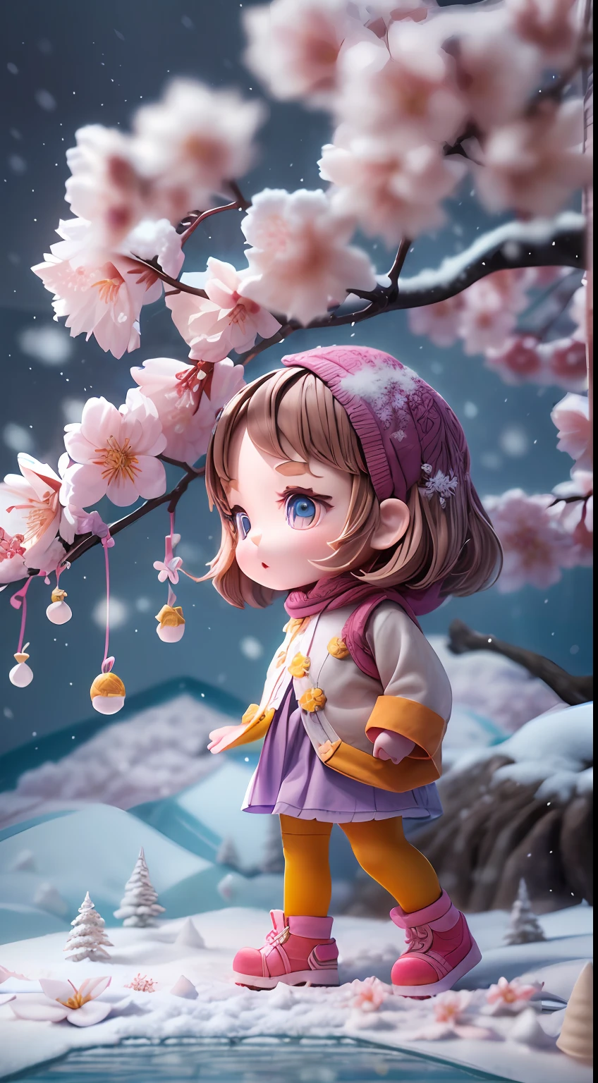 illustration: 1.3), （paper art: 1.4） a 3D render, , (cute female :1.3), (Representative work plum blossoms:1.2)(Masterpiece snow:1.2) , Colorful, Best quality, Detailed details, Masterpiece, offcial art, movie light effect, 4K, Chiaroscuro , Flash