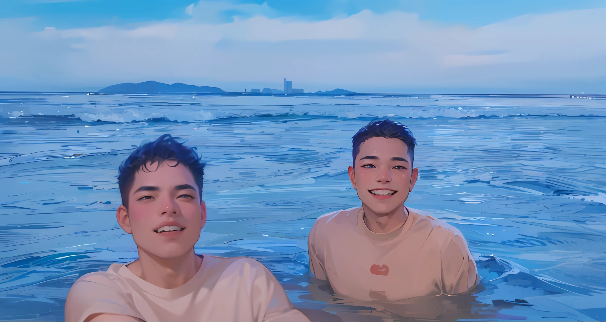 (absurd, elevation, hyper-detail, HDR), masterpiece, best quality, 2 boy, handsome asian, short hair, sharp eyes and detailed face, (white t-shirt), ( red jacket), dimples, daytime, city, selfie, light smile