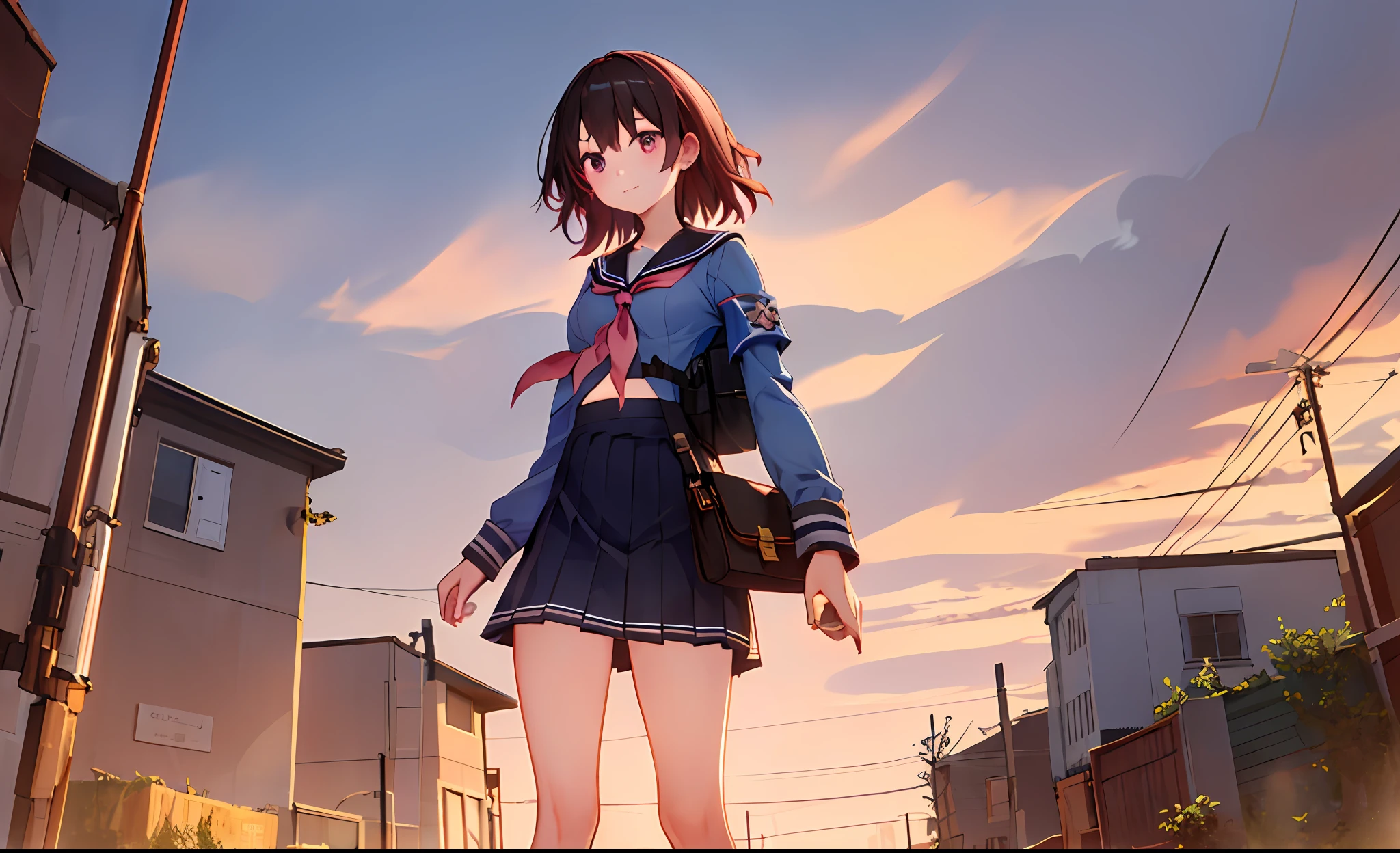 ((Masterpiece,Best quality)),1girll, From below, Solo, school uniform, serafuku, sky, Cloud, Black hair, Skirt, Sailor collar, view the viewer, Short hair, Building, bangs, neckerchief, Long sleeves, Cloudy sky, Power lines, shirt, Cityscape, Pleated skirt, scenery, Blunt bangs, City, Night, Black sailor collar, Closed mouth, Black skirt, Medium hair, bookbag , holding bag