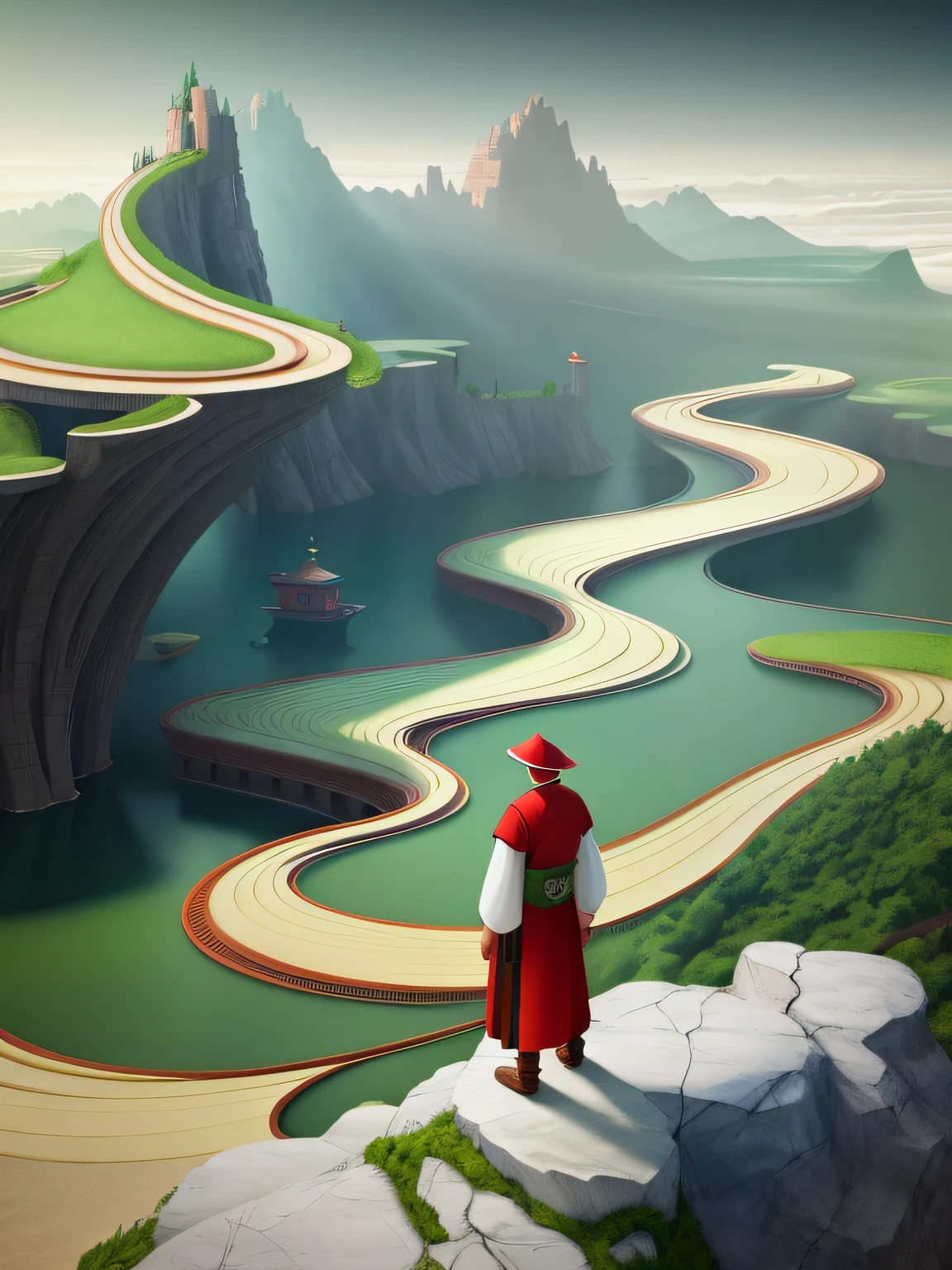 A man in Hanfu stands next to a red man-made building in the style of flowing landscapes,Song dynasty pen landscape painting,Cinema4D rendering,There are mobile flow forms,Lunar surface,Light green and white Mediterranean view,Wave twig resin tablets,4K