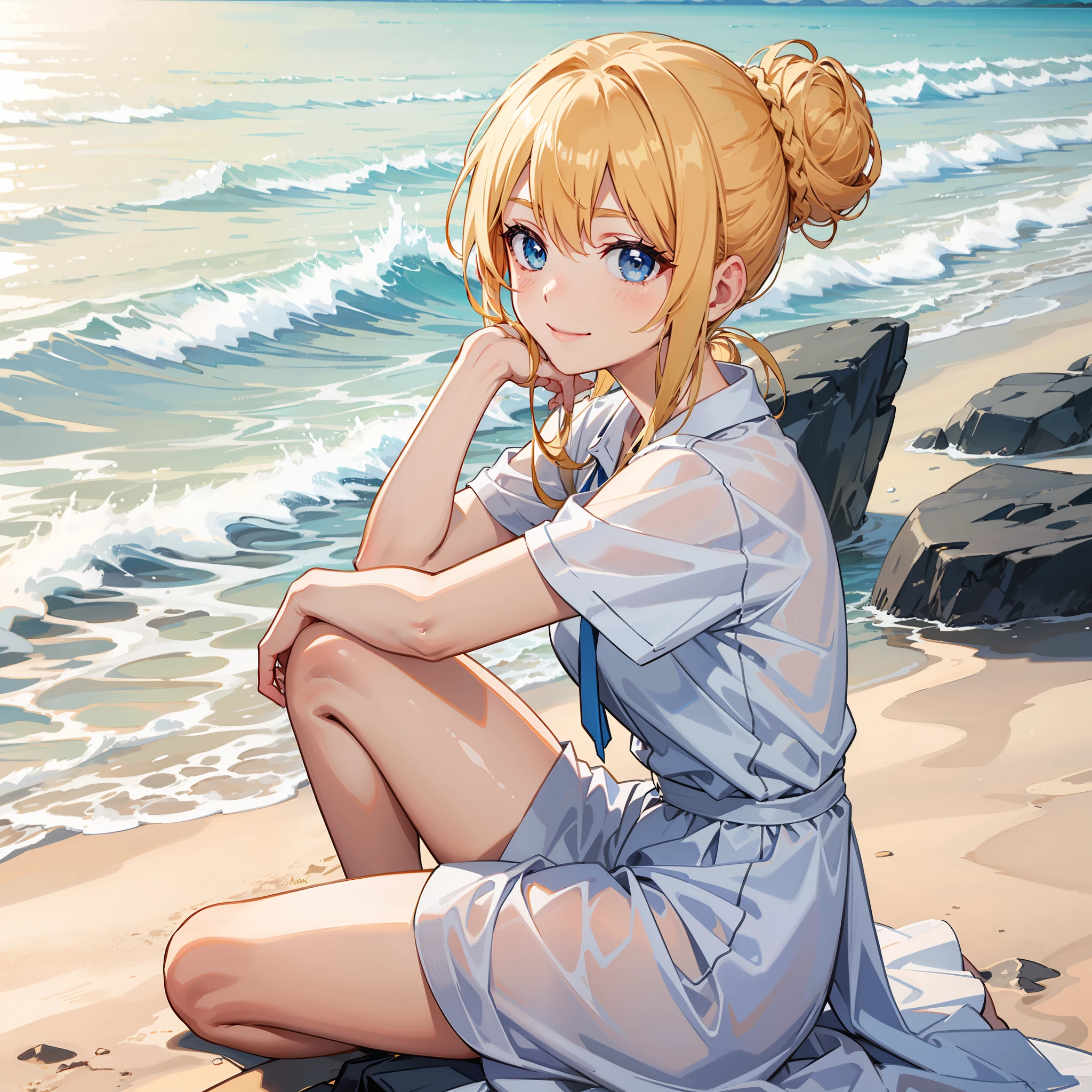 Masterpiece, blue eyes, golden hair, beach background, 1 girl, smile, hair bun, sitting, white clothing,