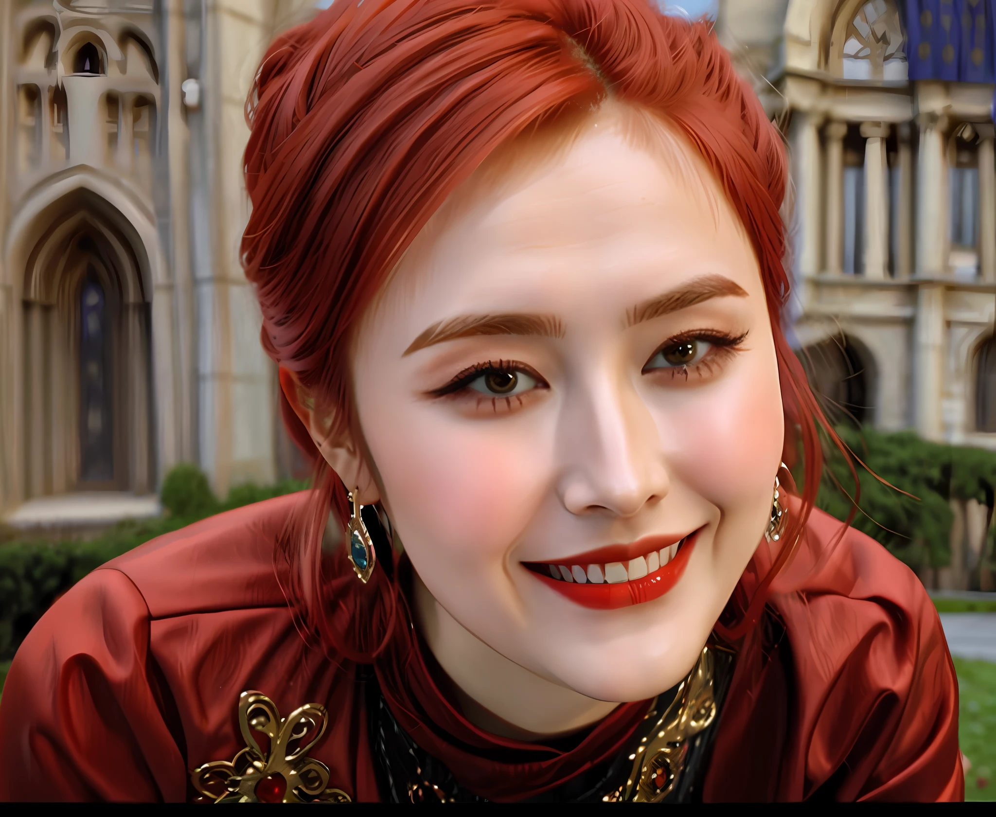 There was a woman with red hair and a red jacket smiling, 8K highly detailed face, Rendu portrait 8k, ruan jia beautiful!, Brown-red hair beautiful face, Soft portrait shot 8 K, 8K)), south east asian with round face, photorealistic beautiful face, glowing crimson head, yanjun cheng, highly detailed vfx portrait of --auto