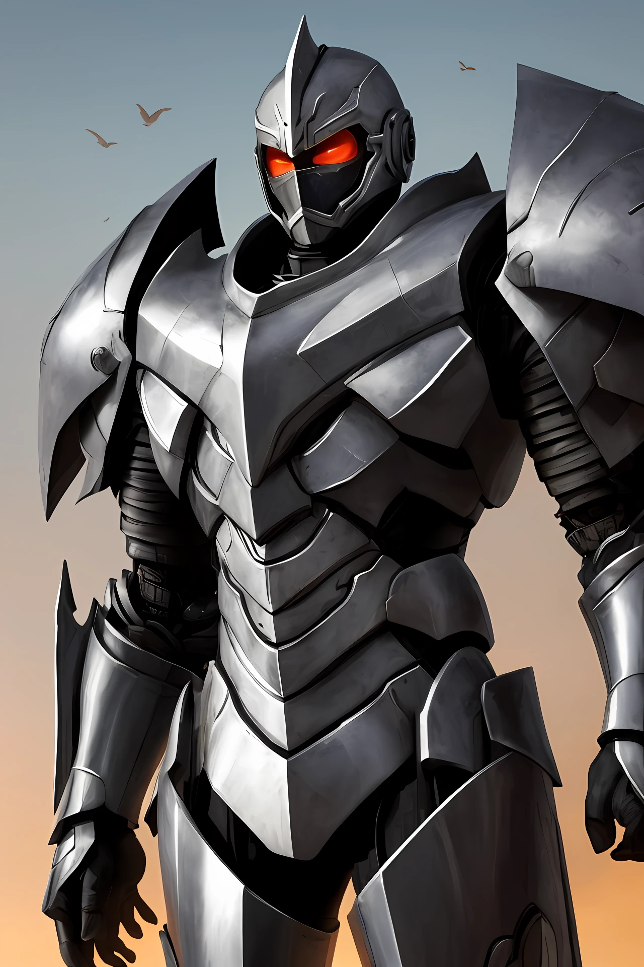 an imposing figure in futuristic technological armor, destacando-se por olhos brilhantes de cor vermelha, a mysterious mask covering part of the face and shadowy wings on the back. His posture is confident, revealing an agile and athletic body.