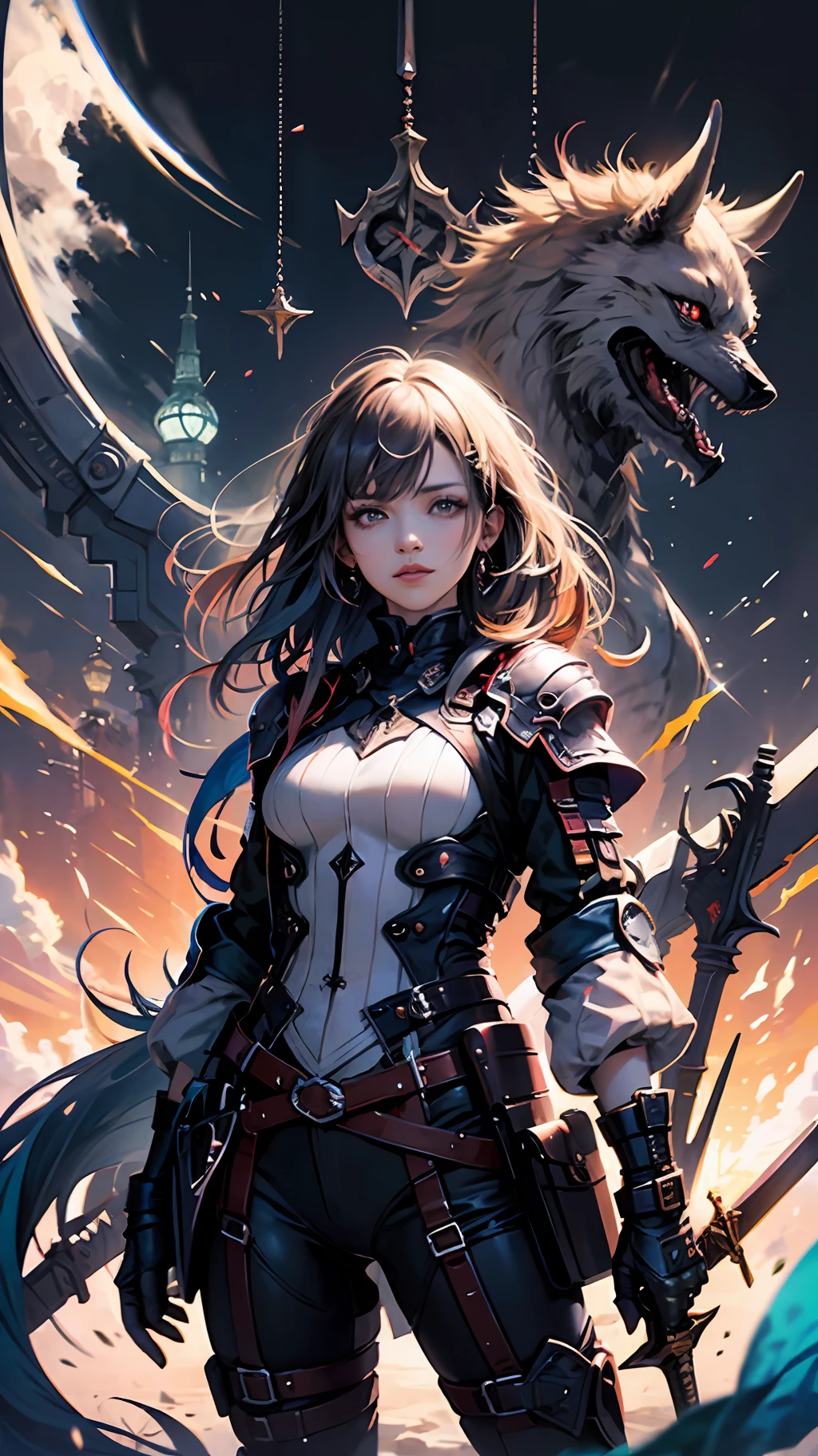 tmasterpiece，超高分辨率，Ultra-detailed hands，hyper-detailing，super high image quality，colorful， 1 rapariga， whaite hair， a purple eye， Double handle， The sword， hand sword， blue flame， luster， Bright weapons， light particules， the wallpaper， color difference， --auto