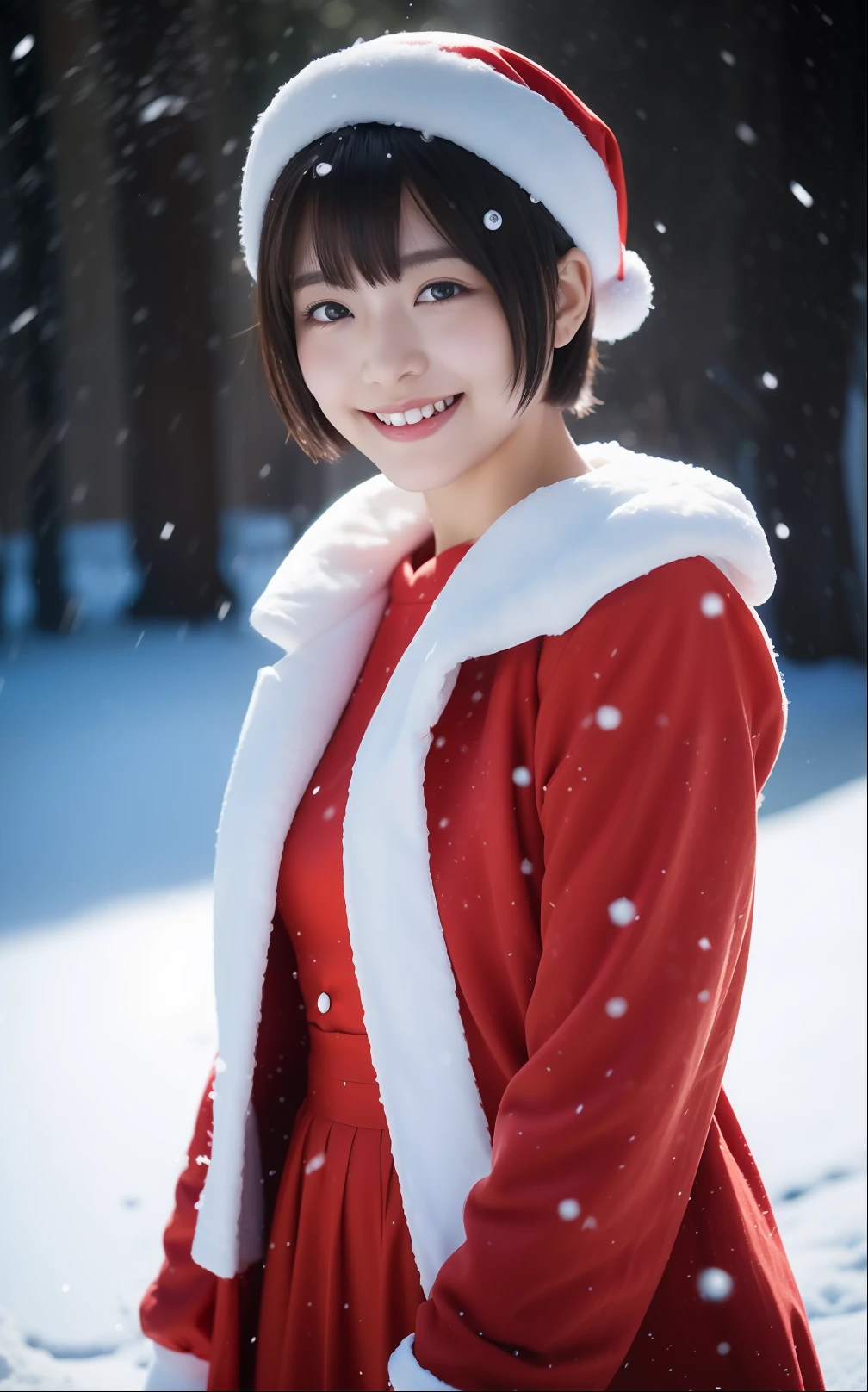 Cute Japan woman in short cut frolicking dressed as Santa in the snow、a smile、It's snowing、Photorealsitic, highcontrast, 8K HD, detaileds, realistic skin textures, top-quality, 超A high resolution, Raw photo, Dramatic Lighting, unrealengine, Short-cut hairstyles、Beautiful girl model、detaile, hyperdetails, realistic skin textures,Very meticulously