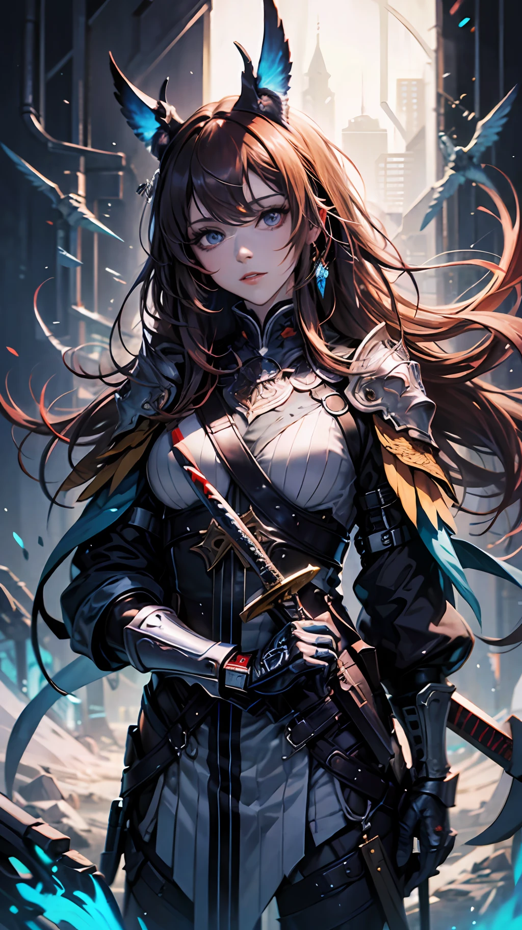 tmasterpiece,超高分辨率,Ultra-detailed hands,hyper-detailing,super high image quality,colorful, 1 rapariga, whaite hair, a purple eye, Double handle, The sword, hand sword, blue flame, luster, Bright weapons, light particules, the wallpaper, color difference, --auto