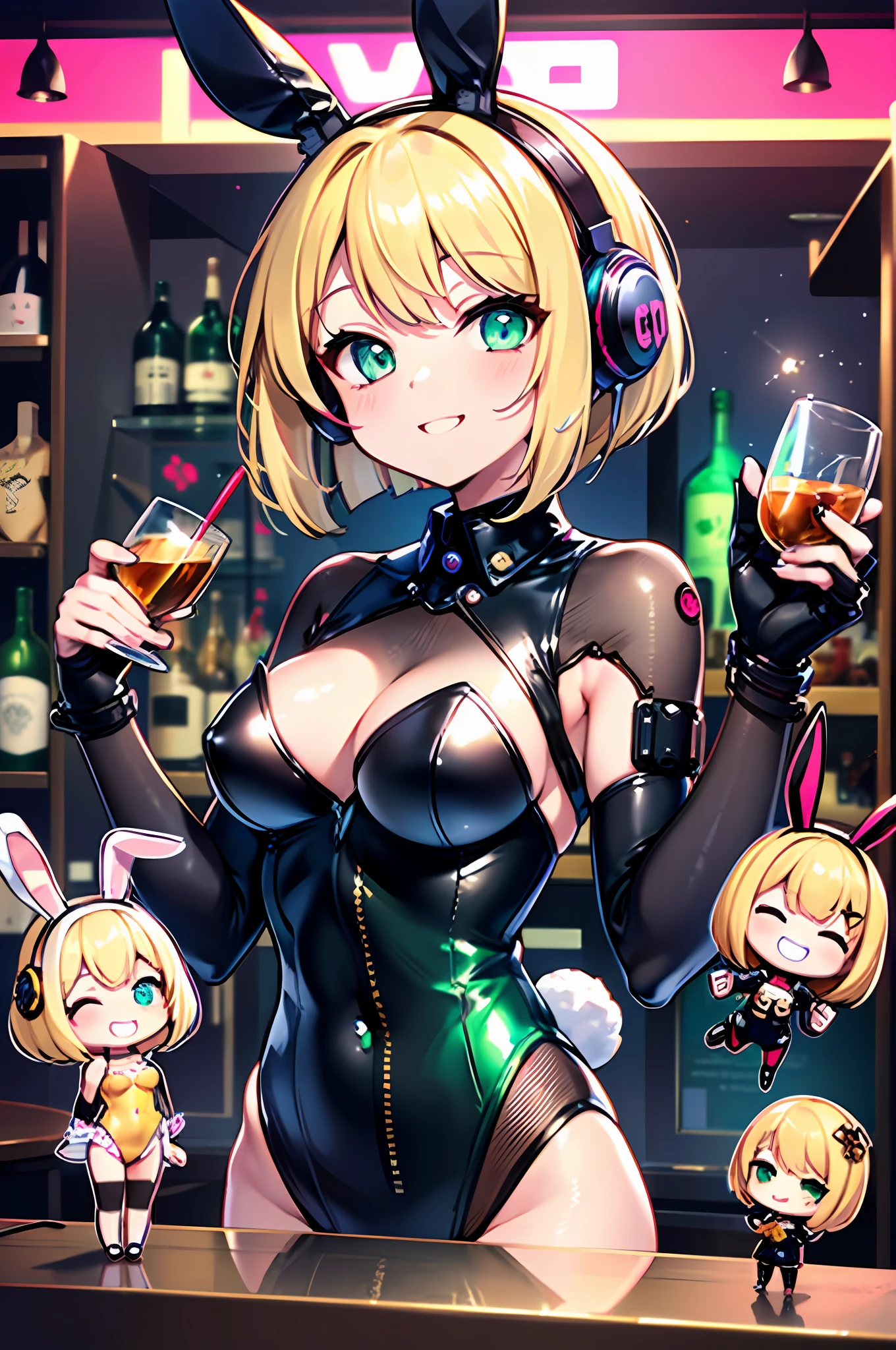 (Chibi:1.3), group_photo, (half closed eyes, green eyes), (detailed eyes), full body, indoors, on the table, Happy smile, (mechanical bunny girl: 1.1), (golden leotard), rabbit ears, rabbit tail, headphone, (blonde hair, bob cut), (cyberpunk), (bar), counter, wine, whiskey, bourbon, neon signboard, (Nendoroid),