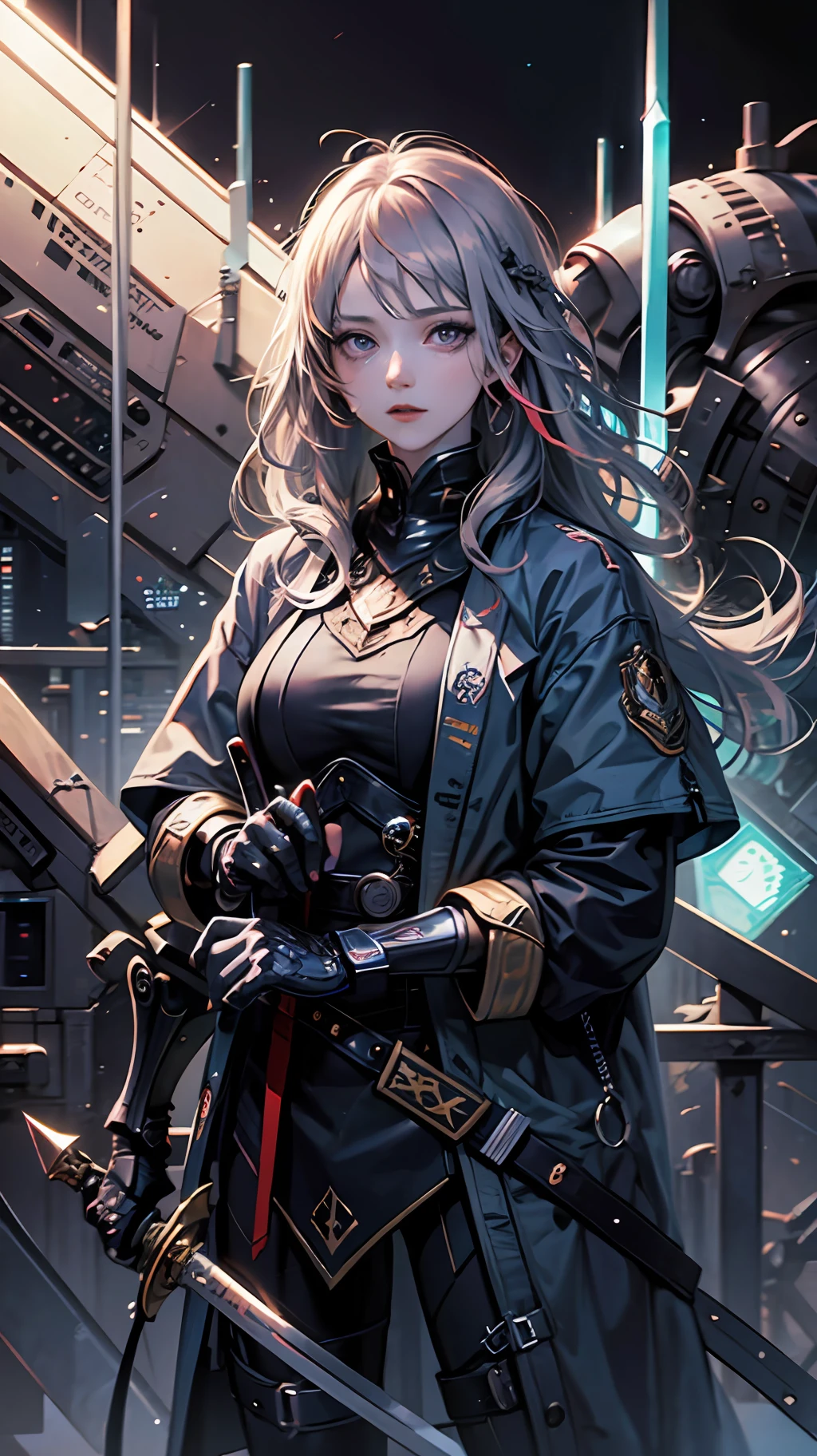 tmasterpiece,超高分辨率,Ultra-detailed hands,hyper-detailing,super high image quality,colorful, 1 rapariga, whaite hair, a purple eye, Double handle, The sword, hand sword, blue flame, luster, Bright weapons, light particules, the wallpaper, color difference, --auto