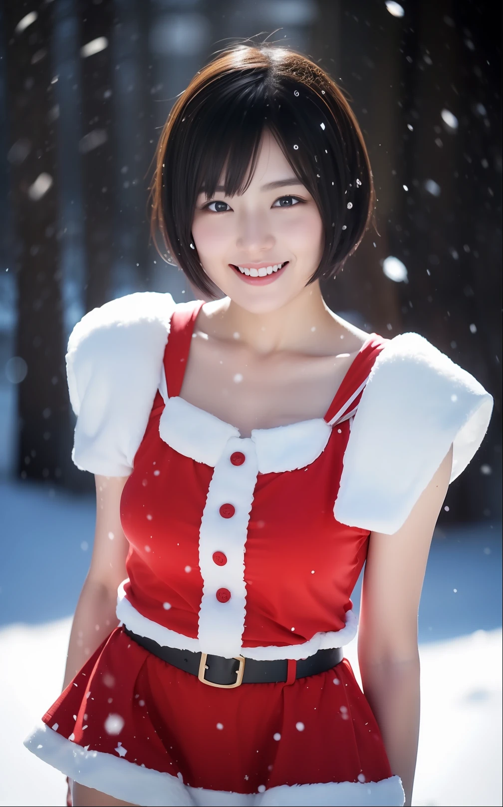 Cute Japan woman in short cut frolicking dressed as Santa in the snow、a smile、It's snowing、Photorealsitic, highcontrast, 8K HD, detaileds, realistic skin textures, top-quality, 超A high resolution, Raw photo, Dramatic Lighting, unrealengine, Short-cut hairstyles、Beautiful girl model、detaile, hyperdetails, realistic skin textures,Very meticulously