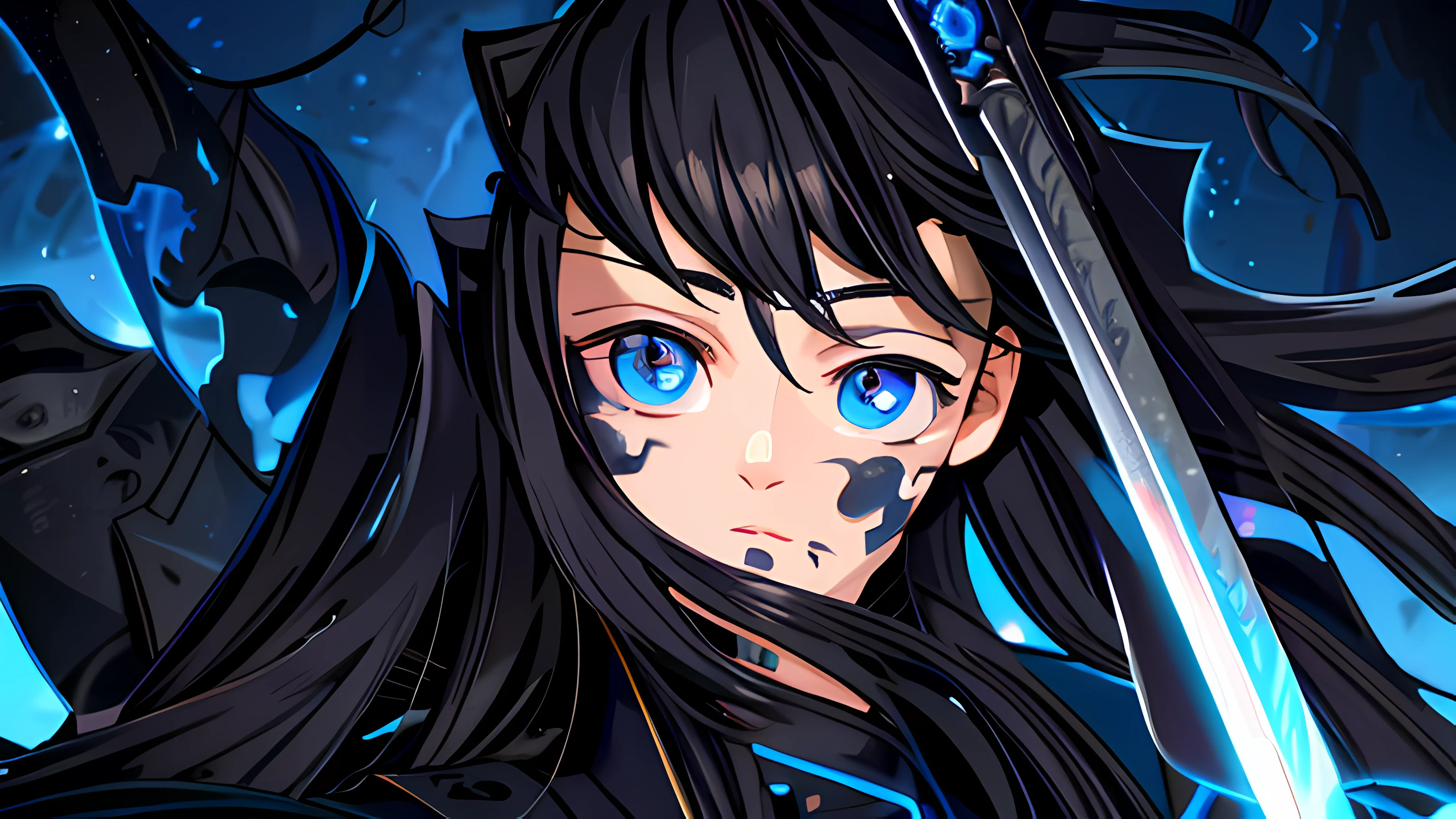 realistic anime artstyle, sword, hair detailed, oil paint, tokito, demon slayer, black hair, detailed eye, detailed nose, realistic, blue background, cian eye, sword, realistic
