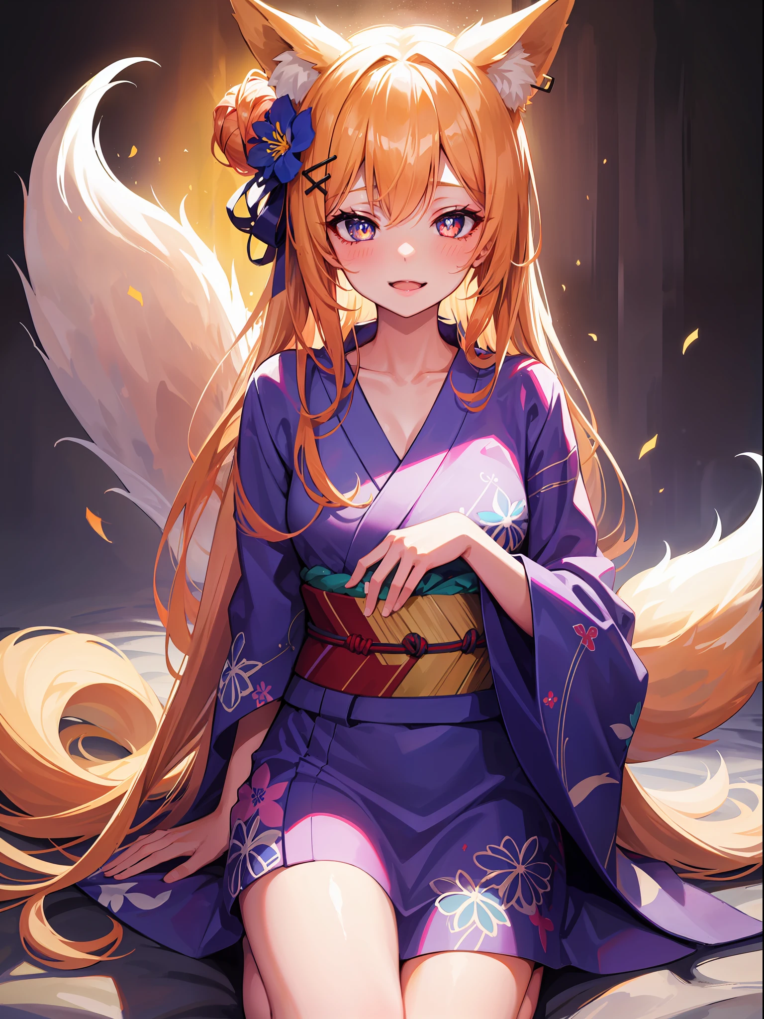 (1girl), (foxgirl), (monstergirl), fullbody, animal ears, fox ears, fox tail, (few tails), hair bun, hairpin, hair flower, multicolored eyes, dilated pupils, longeyelashes, smile, shy, drunk, expressions, lowered yukata, grey-ginger hair, accurate, tsundere, masterpiece, high details, high quality, highres, 1080P, anatomically correct, textured skin, ahegao