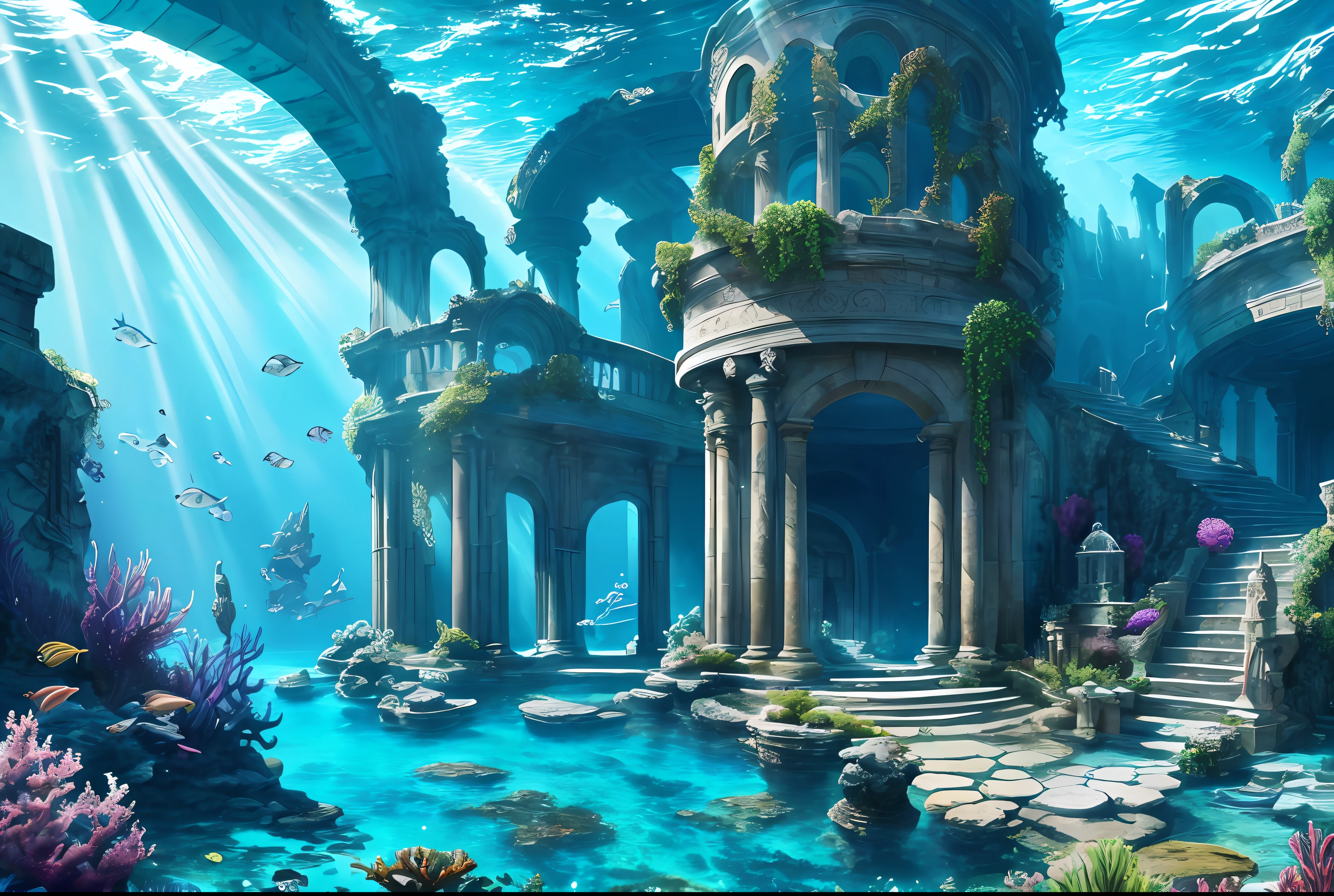 Underwater world Atlantis, deep sea, epic reality, (hdr: 1.4), dappled sunlight, cool colors, ancient ruins, ocean-type houses full of design sense, fantastic and incredible, epic composition, (complex Detail), (Complicated Detail, Ultra Detail: 1.2), Art Station, (Masterpiece, Best Quality) --v 6
