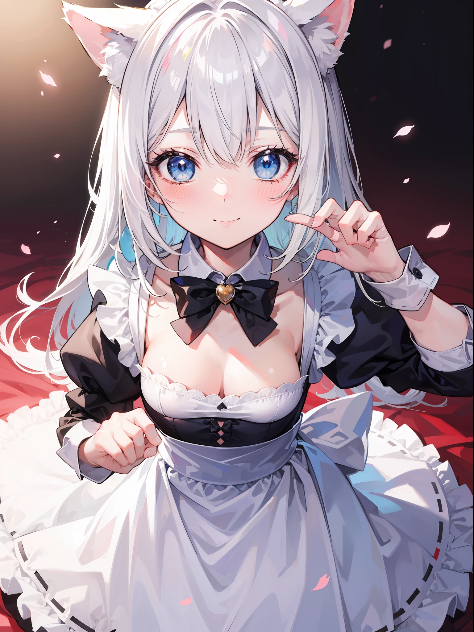 best quality, ultra precision, one girl, blue eyes, white hair, young, loli, cute, maid, maid costume, blush, natural smile, teenager, cat's ears, small breasts, look up at you, cleavage,