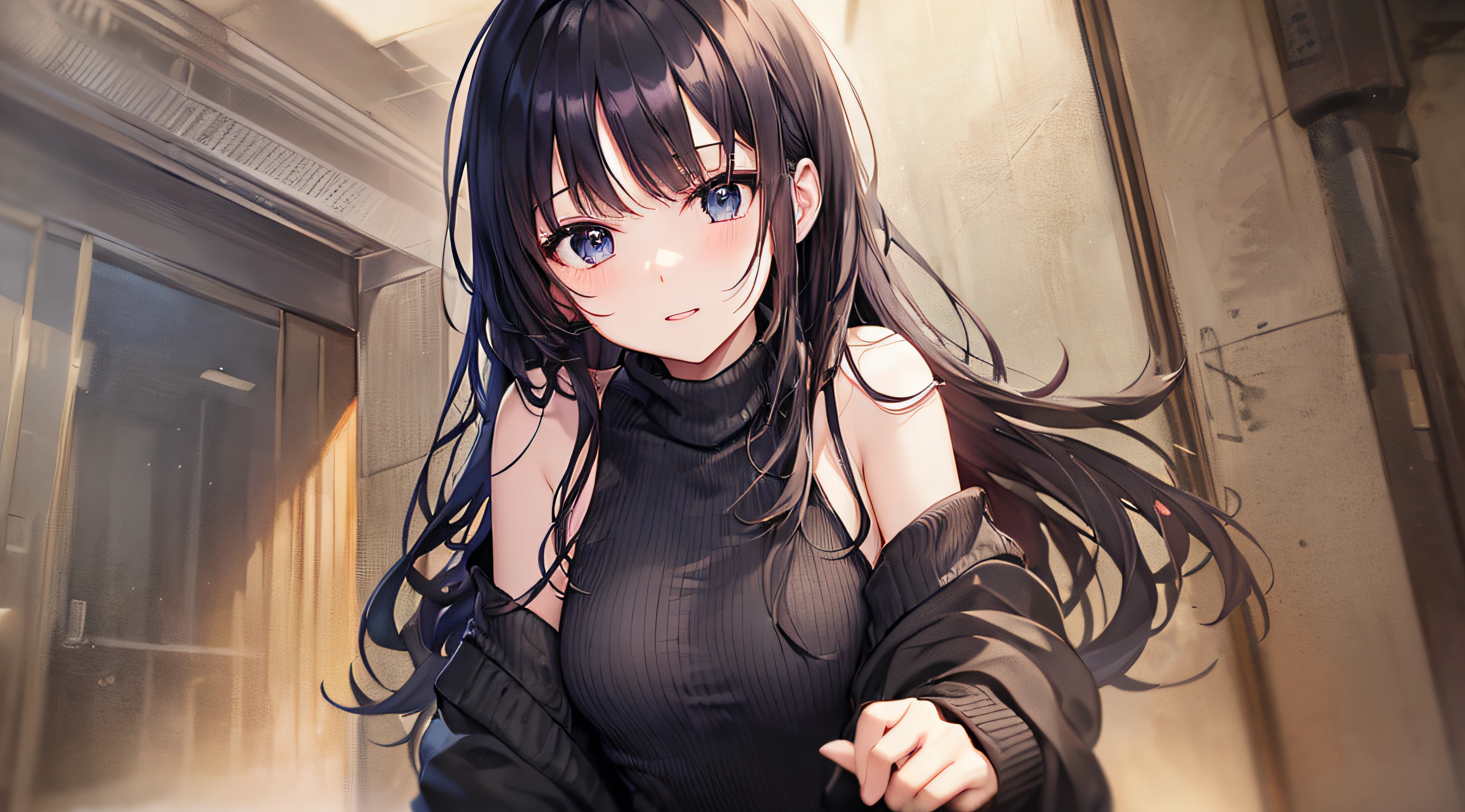 ((Chest Opening Turtleneck Off Shoulder Sweater)) 、 Long black hair with slightly wavy hair、Black eyes、Superlative quality、((Top-notch image quality))、Neat and clean girls、beautiful a girl、Anime image quality、Erotic look、Cute girl s、female high-school student