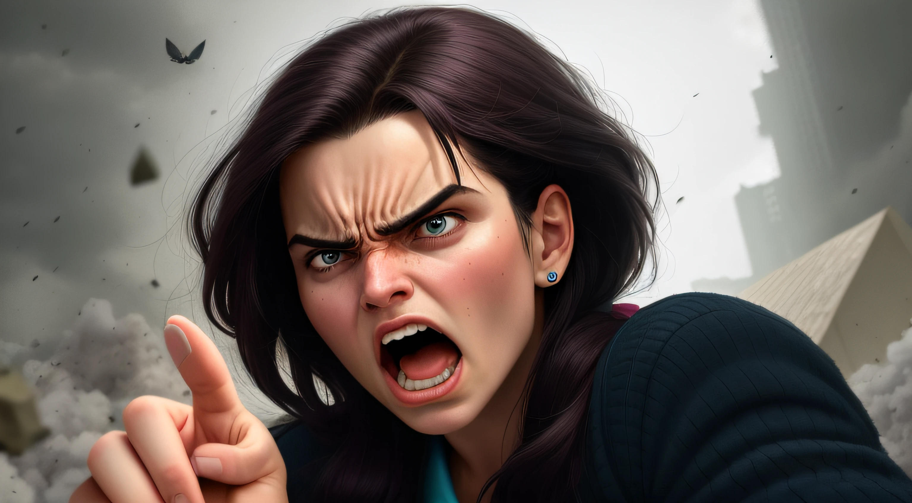 Mulher com o dedo para cima de uma maneira muito irritada, mulher zangada jovem, angry expression, enfurecido, retratos de uma mulher enfurecida, olhar irritado, irritado e apontando, mostrando raiva, raiva. hiper detalhado, irritado, irritado 8 k, very angry expression, muito zangado, cara de raiva, cara de zangada, an angry expression