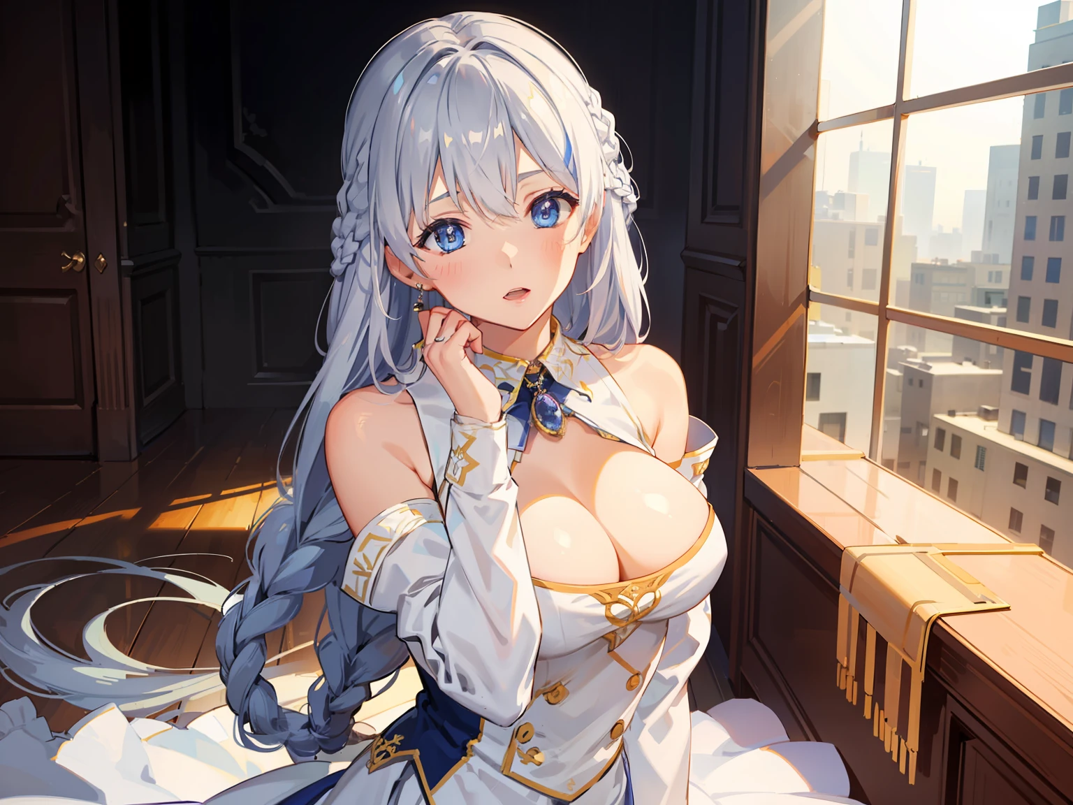 (hyper extreme detailed),(masterpeace),(hyper extreme),(photorealistic),CG,(colour:1.2), beautiful lighting,light from the front, solo, Rodney,silber hair,long hair,multiple side braid, detached_sleeves,thigh_boots,detached_collar,white and blue dress, (beautiful_detailed_eyes),