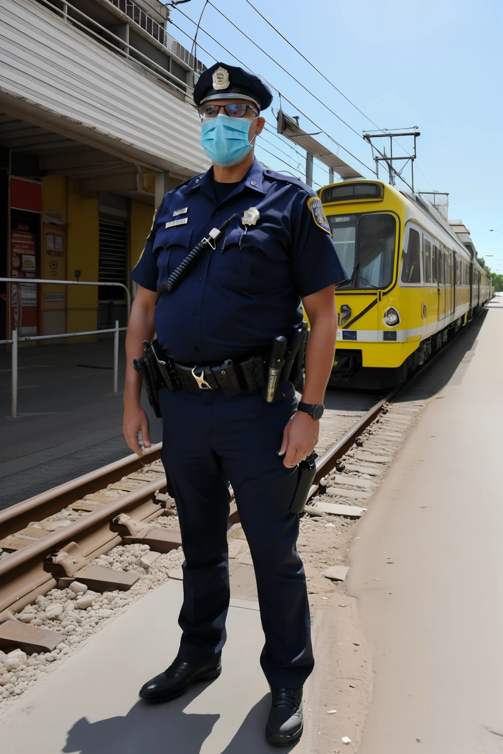 guttonerdjul23, um policial de oculos, vestindo sua farda preta com radio, standingn, looking-into-camera, detalhes intrincados do rosto. Cenario de avenida movimentada e ensolarada. Police rails behind. Desfoque de fundo. Uhd