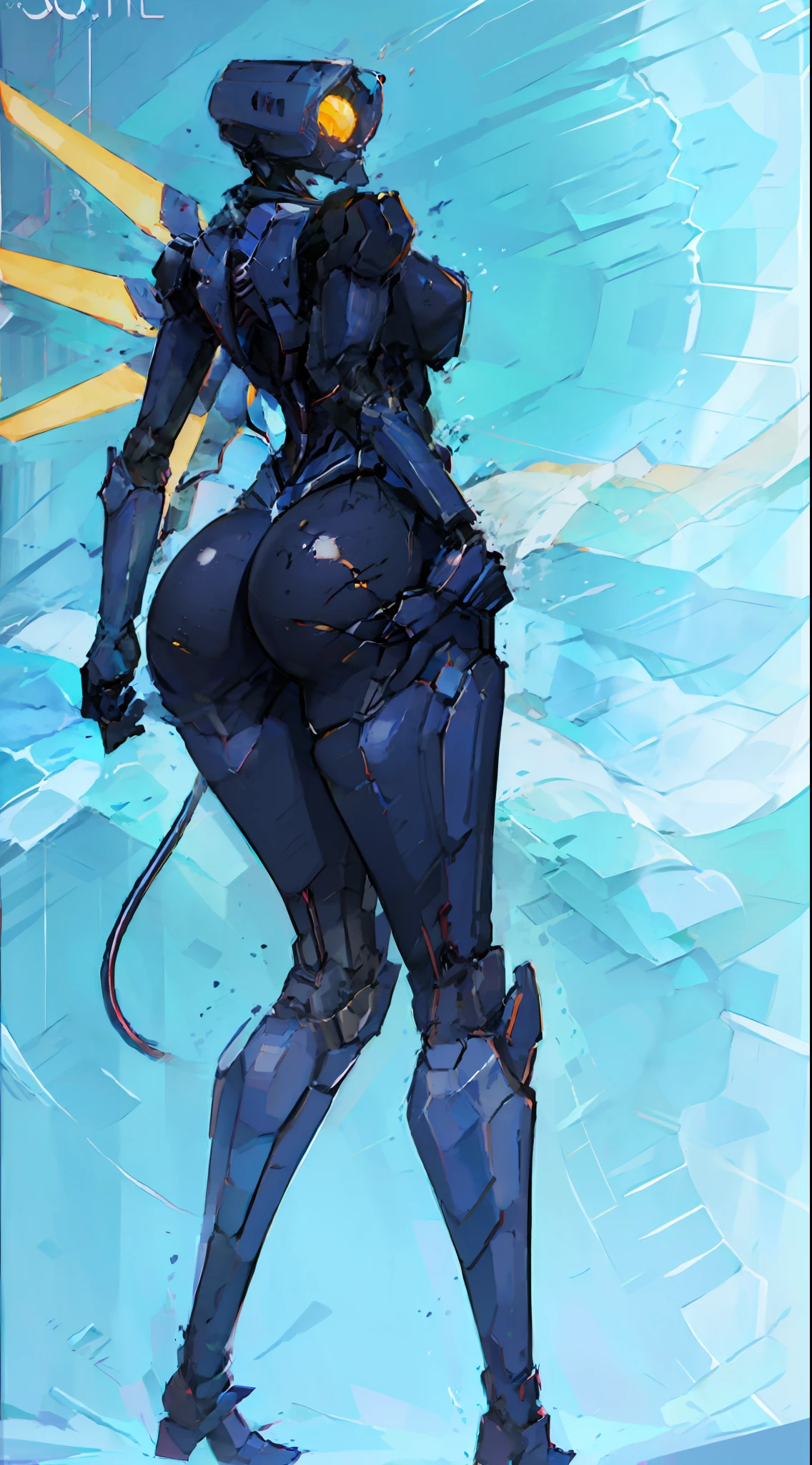Complex 3d rendering ultra detailed beautiful porcelain profile female android face、Cyborg、Armor equipment、robot parts、150 mm、Beautiful Studio Soft Lights、Rim Light、Vivid details、Luxury Cyberpunk、Lace、surrealistic、Anatomical、facial muscles、cables electric wires、Microchip、elegantly、a beautiful background、Octane render、HR Giger Style、8k、BEST QUALITY、A Masterpiece、A illustration、Extremely Delicate and Beautiful、Highly detailed、CG、Unification、wallpapers、(lifelike、photorealistic:1.37)、fantastic、finely detailed、A Masterpiece、BEST QUALITY、Official Art、Highly detailed CG unity 8k wallpapers、Absurdres、Incredibly absurd、a robot、Silver Halmet、((standding, Very y asstooping forward、))、from back((upper Body))、NIGHT、Ruins、Woman Engulfed in Blue Flames、glowing black eyes、Beautiful eyes with attention to detail、Silver hair blown by the cyberpunk wind、Intense angry look