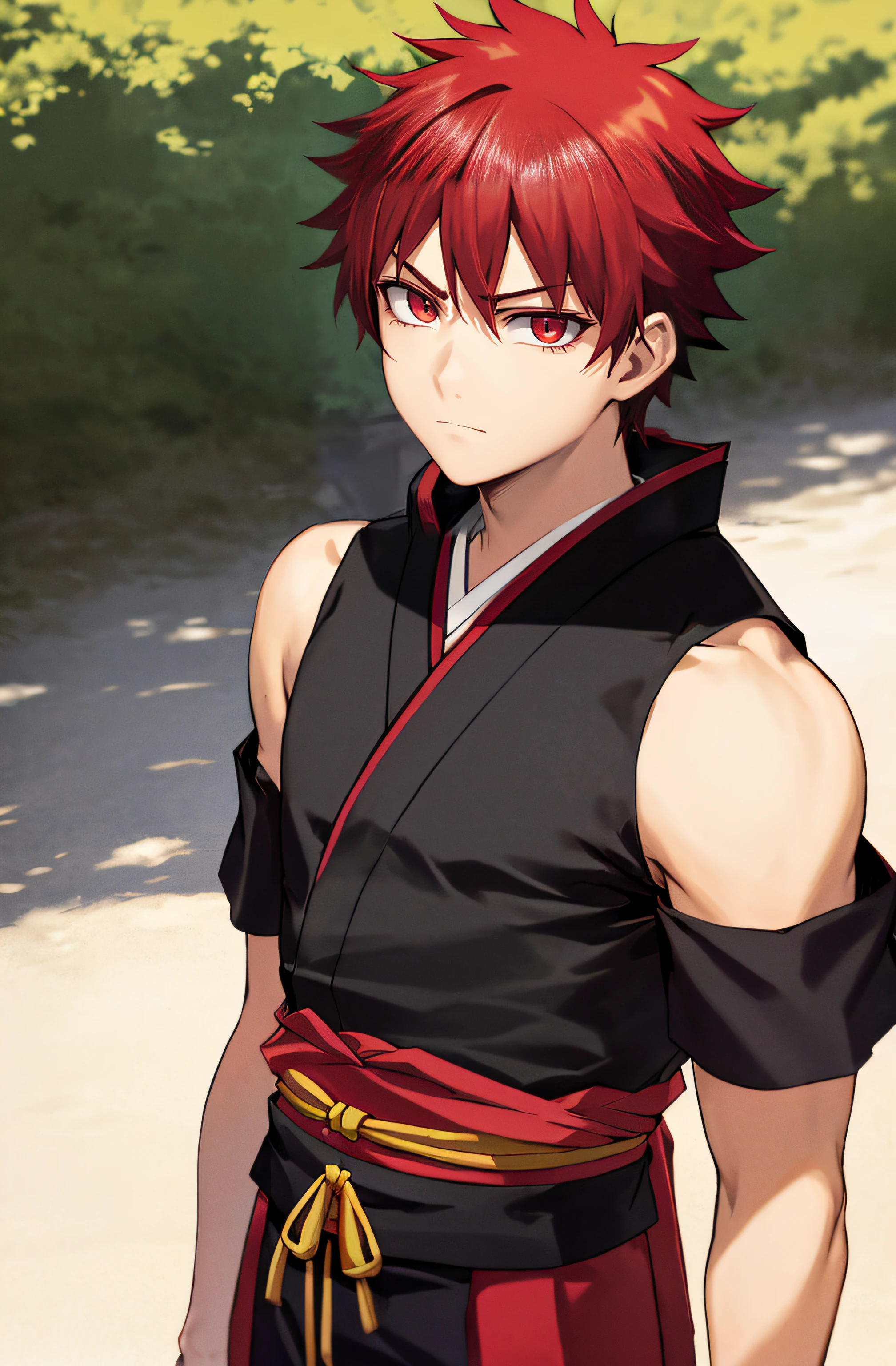 detailed 14-year-old face, crimson eyes, serious confident expression
