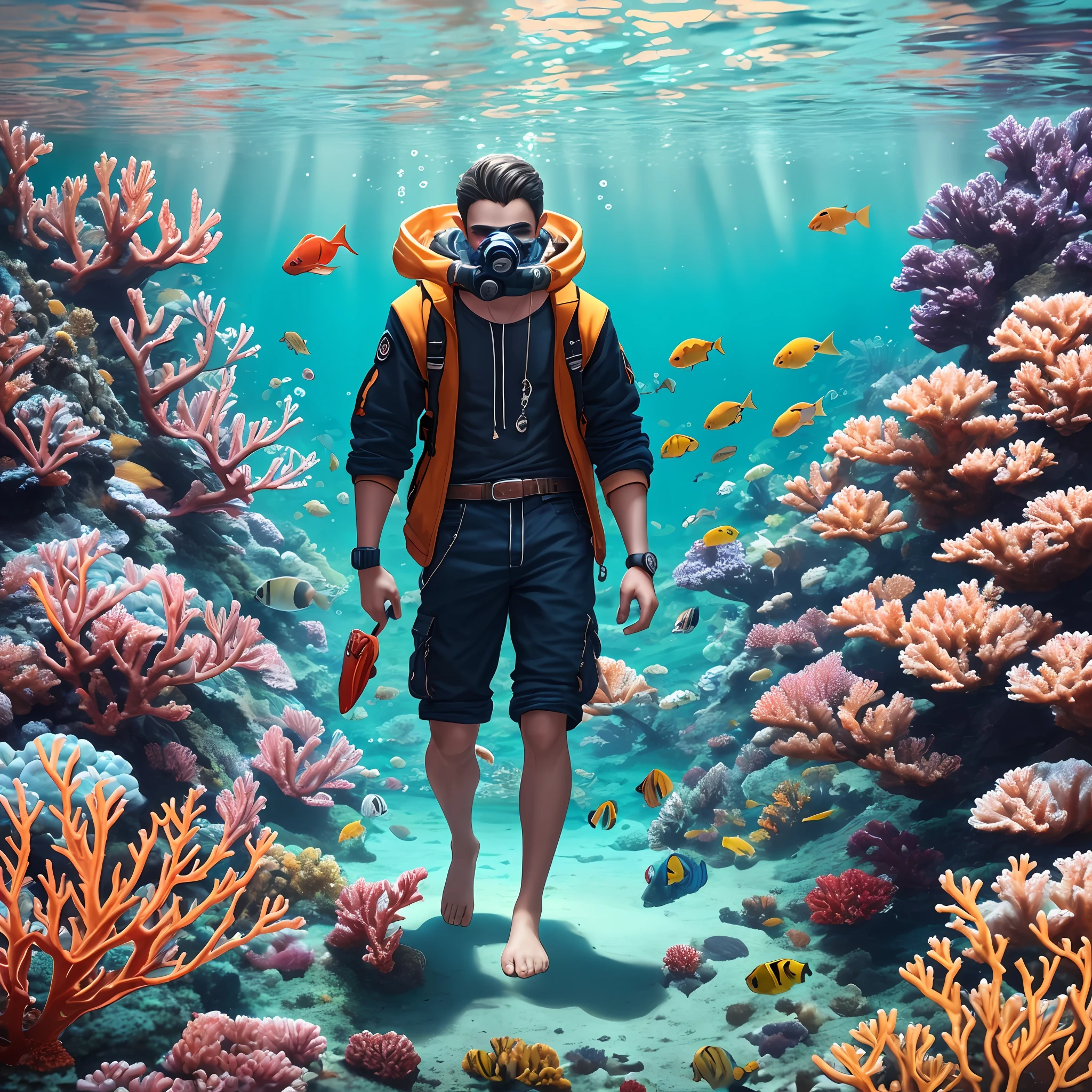 ((A teenager boy is standing in the underwater floor)),(there are different species of fishes and colourful corals),aquatic animals,full body shot,front view,telephoto lens,vibrant colours underwater,no blurry background,bare from the waist up,bare feet,wearing only short black pant,cinematic lighting,CGI render,Beautiful photography,delicated features,good face,good hands,good leg,good eyes,highly resolution,highly quality,symmetrical,crisp quality,intricate figure,unreal engine,trending on artstation,UHD,HDR,sharpness,hyper realism,realistic colour,ultra detailed concept art --auto --s2