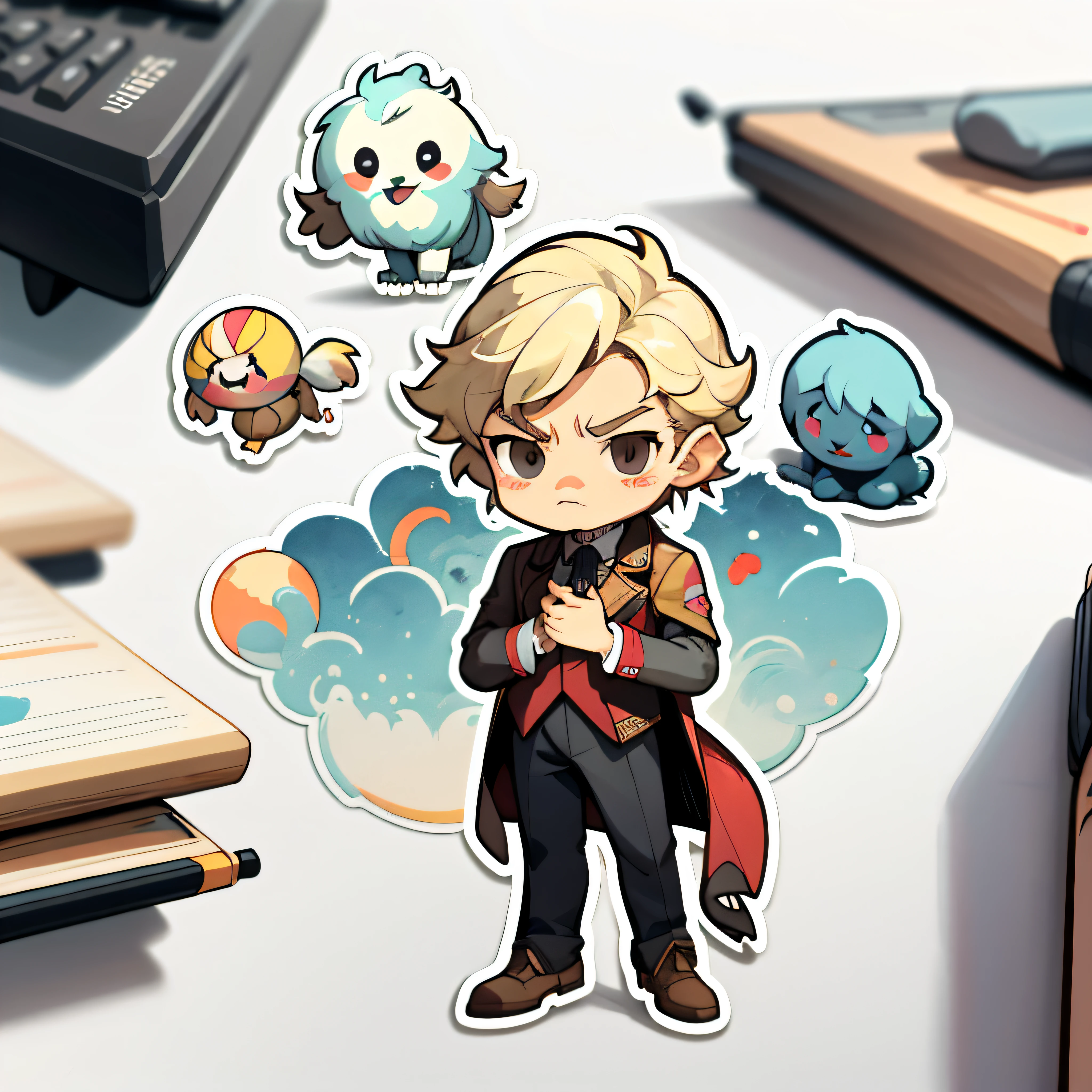 a sticker,Full body like,Young,righteous,nobles,Man,tailcoat, aquarelle,Blonde hair,Serious,white backgrounid, simple backgound, dk, adolable, Little big breasts柄, pastel colour, vectorstyle, no gradien,